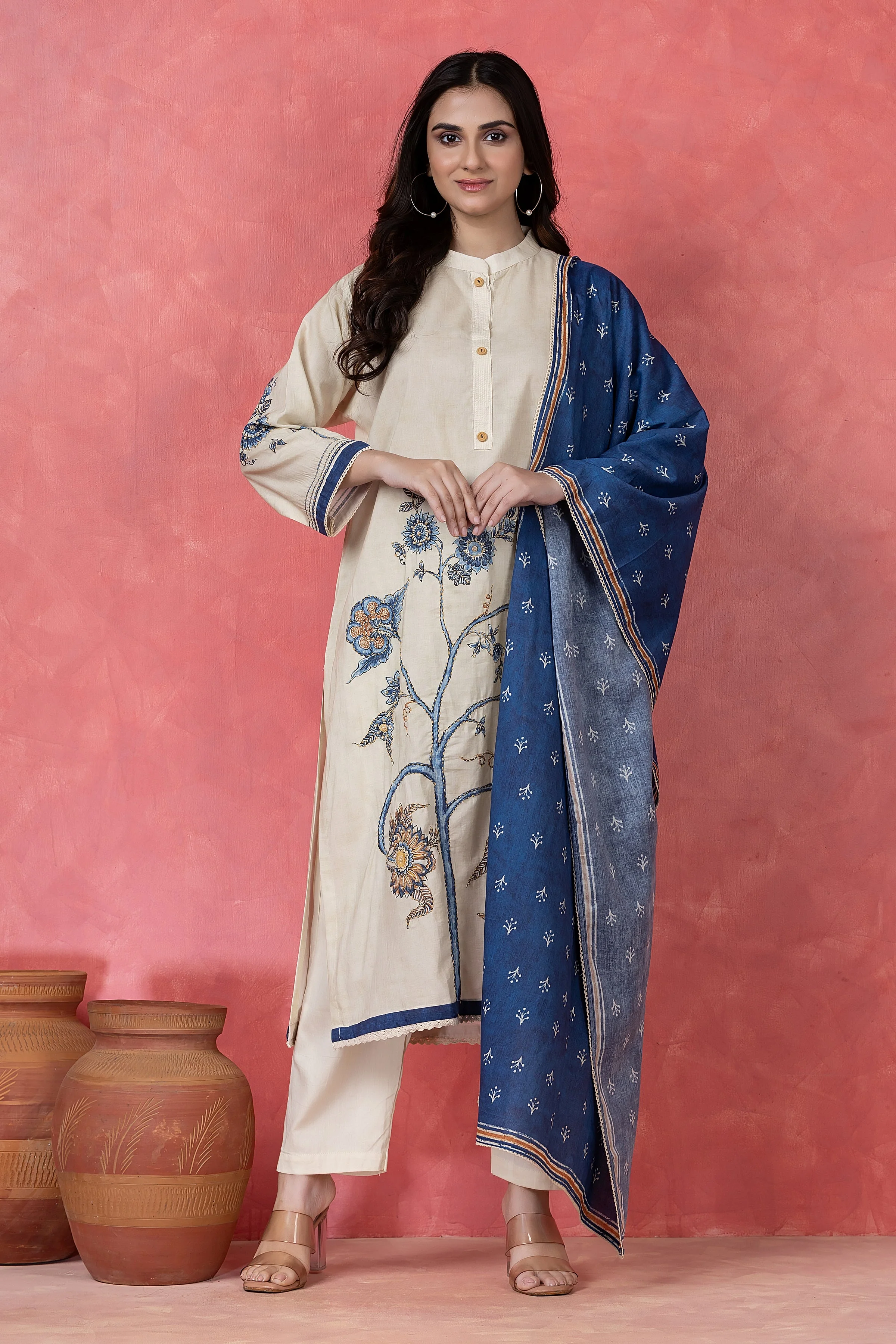 Indigo Floral Embroidered Cotton Pant Set - Image 6