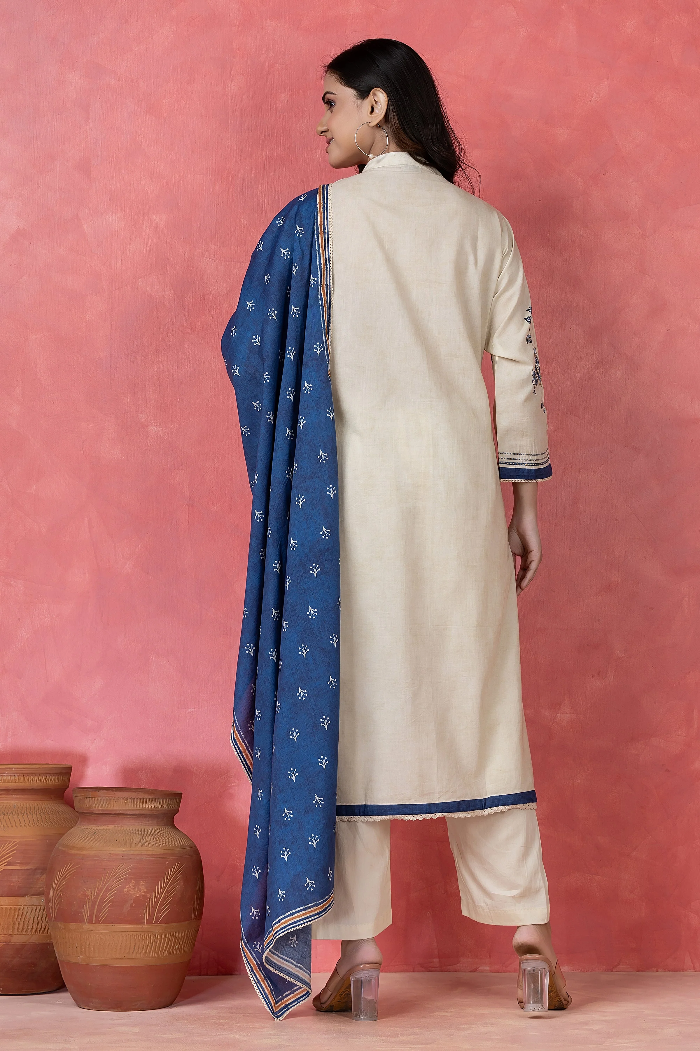 Indigo Floral Embroidered Cotton Pant Set - Image 7