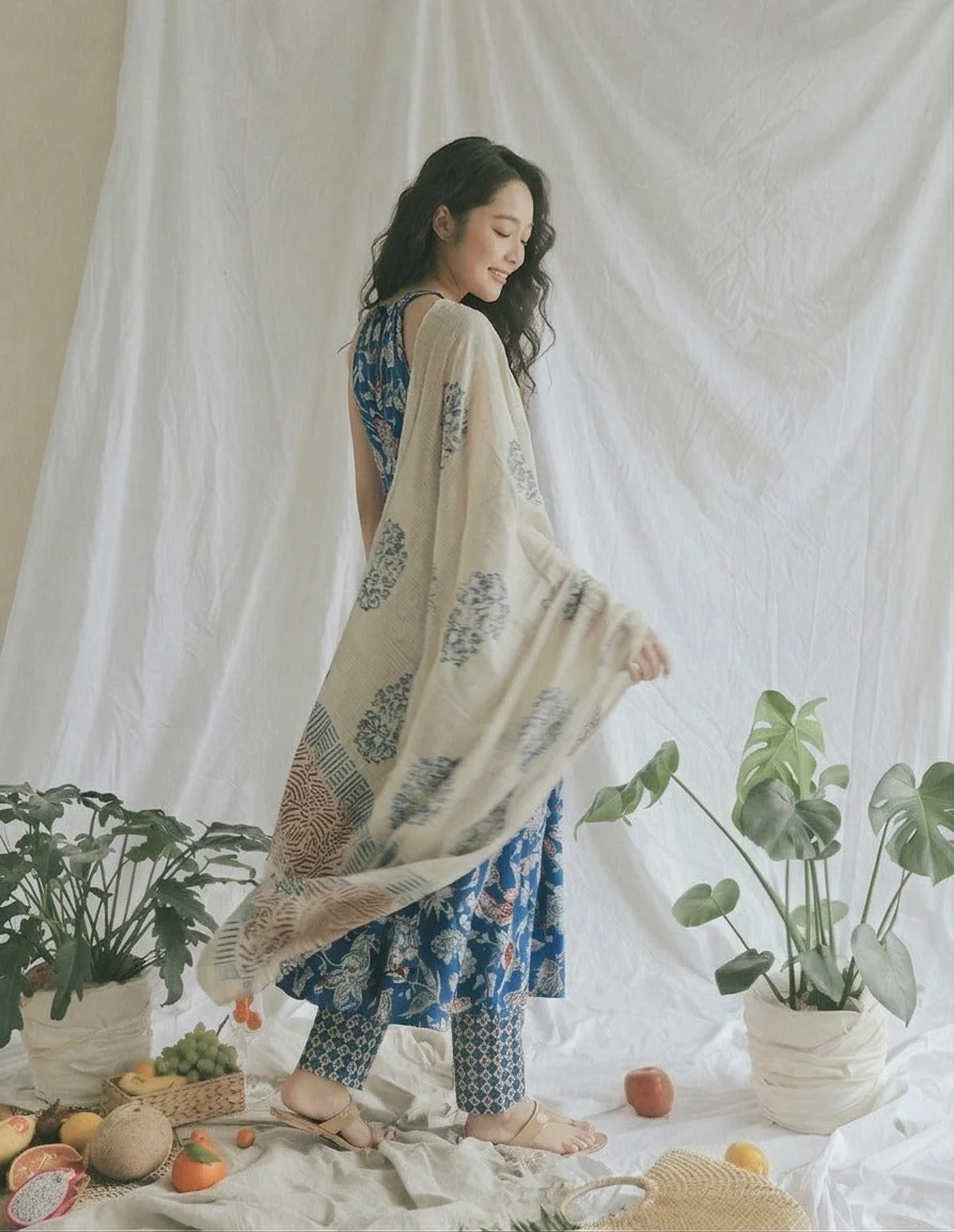 Indigo Floral Printed Cotton Pant Set - Image 2