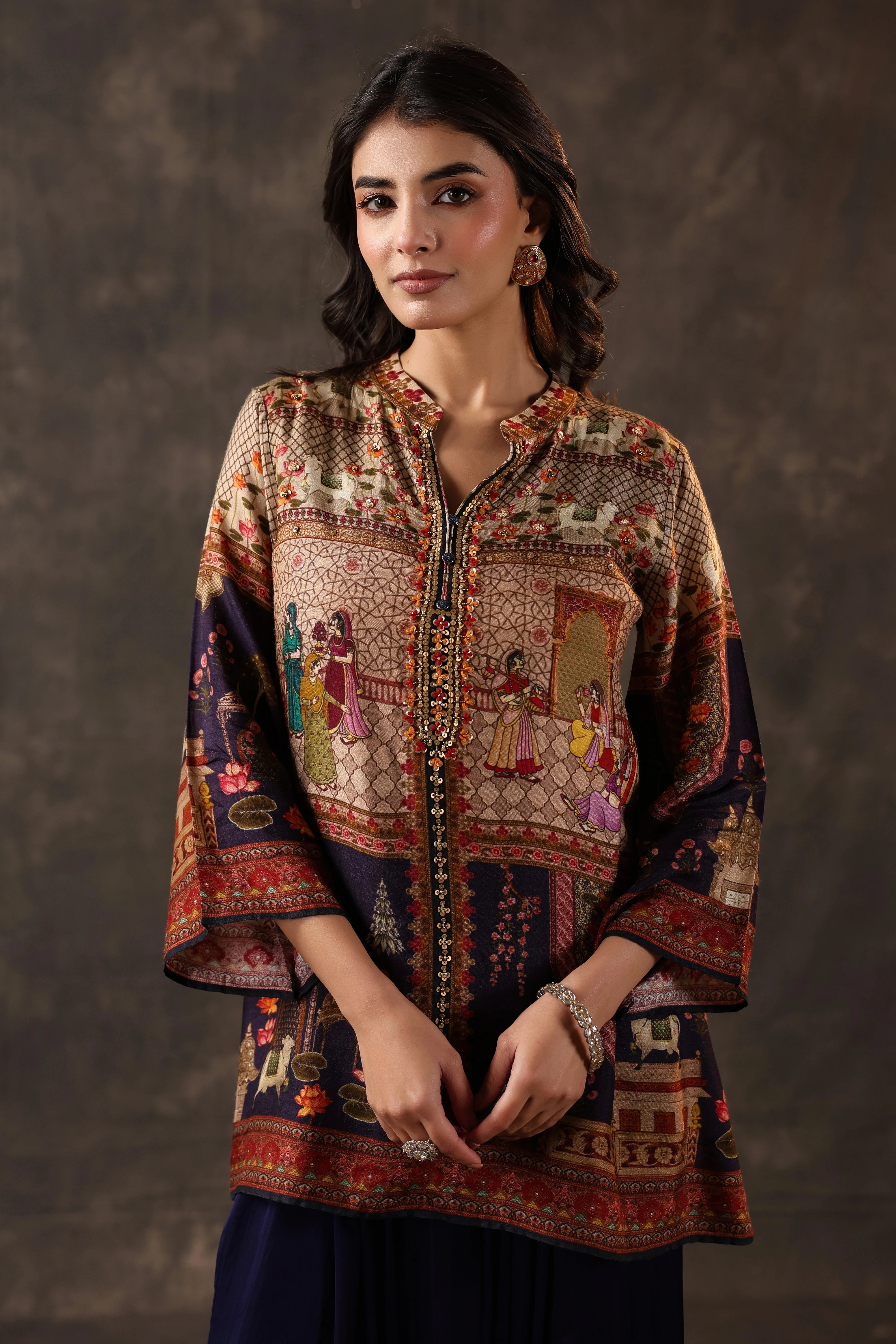 Indigo Heritage Printed Dola Silk Dhoti Set - Image 2
