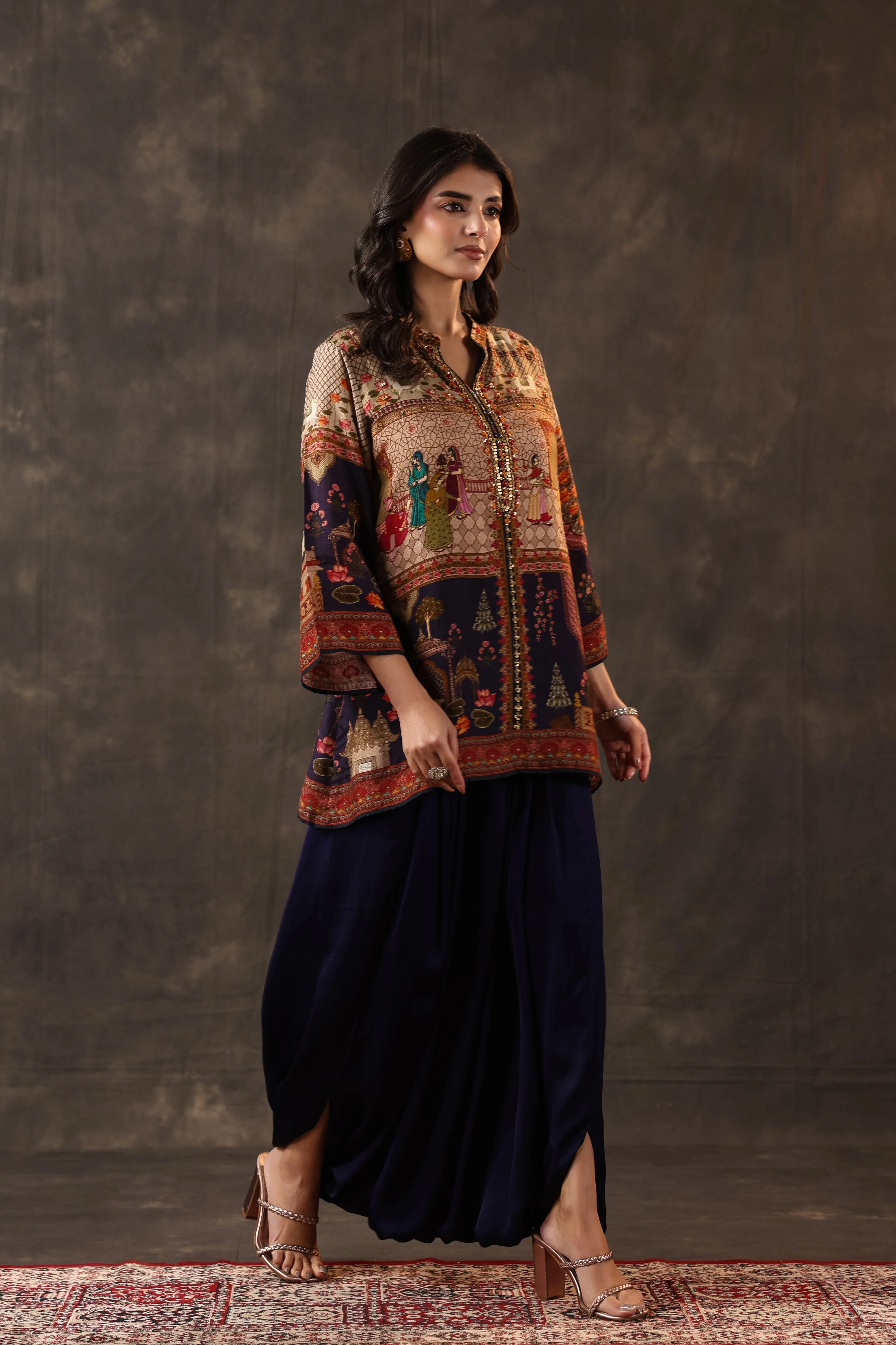 Indigo Heritage Printed Dola Silk Dhoti Set - Image 3