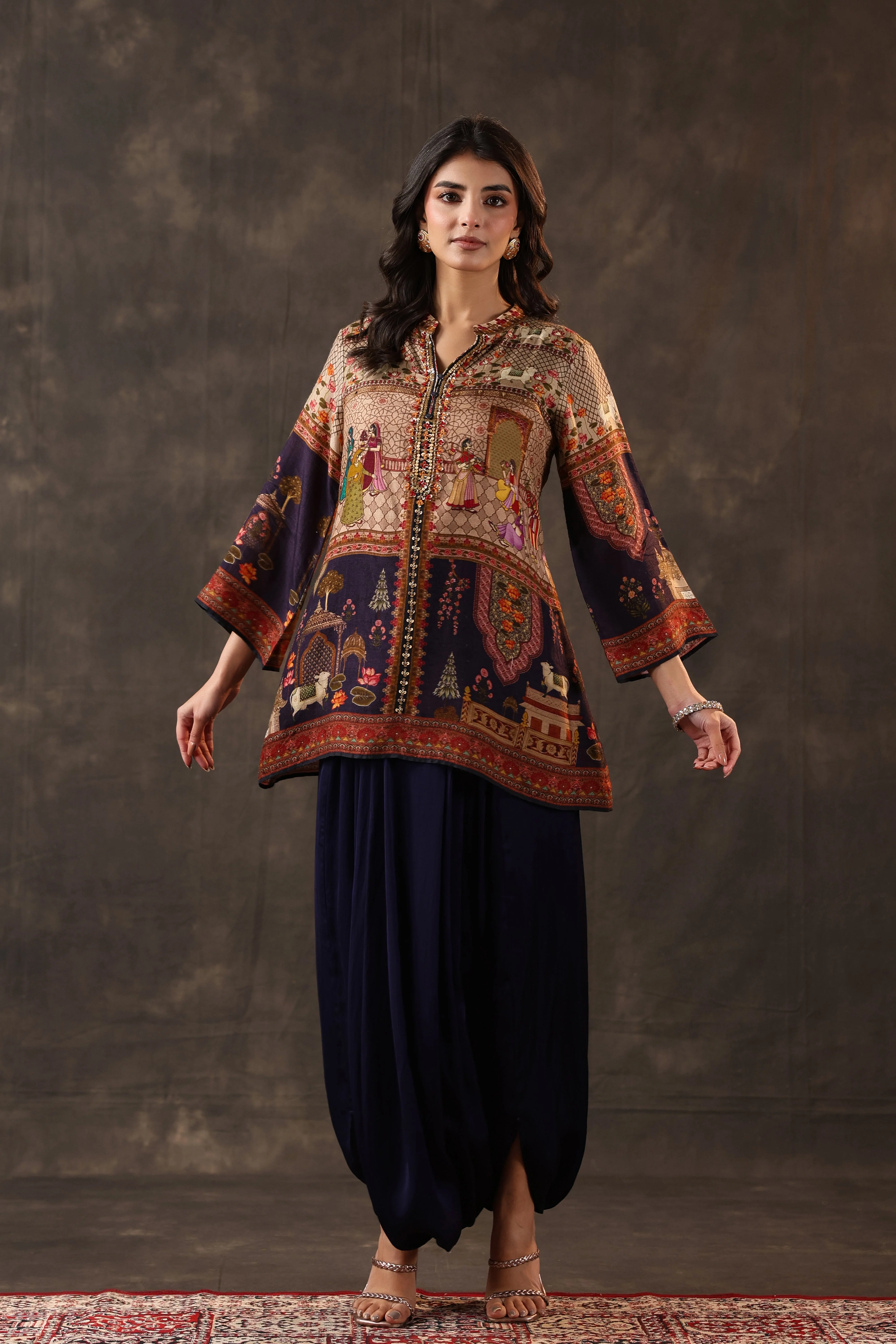 Indigo Heritage Printed Dola Silk Dhoti Set - Image 4