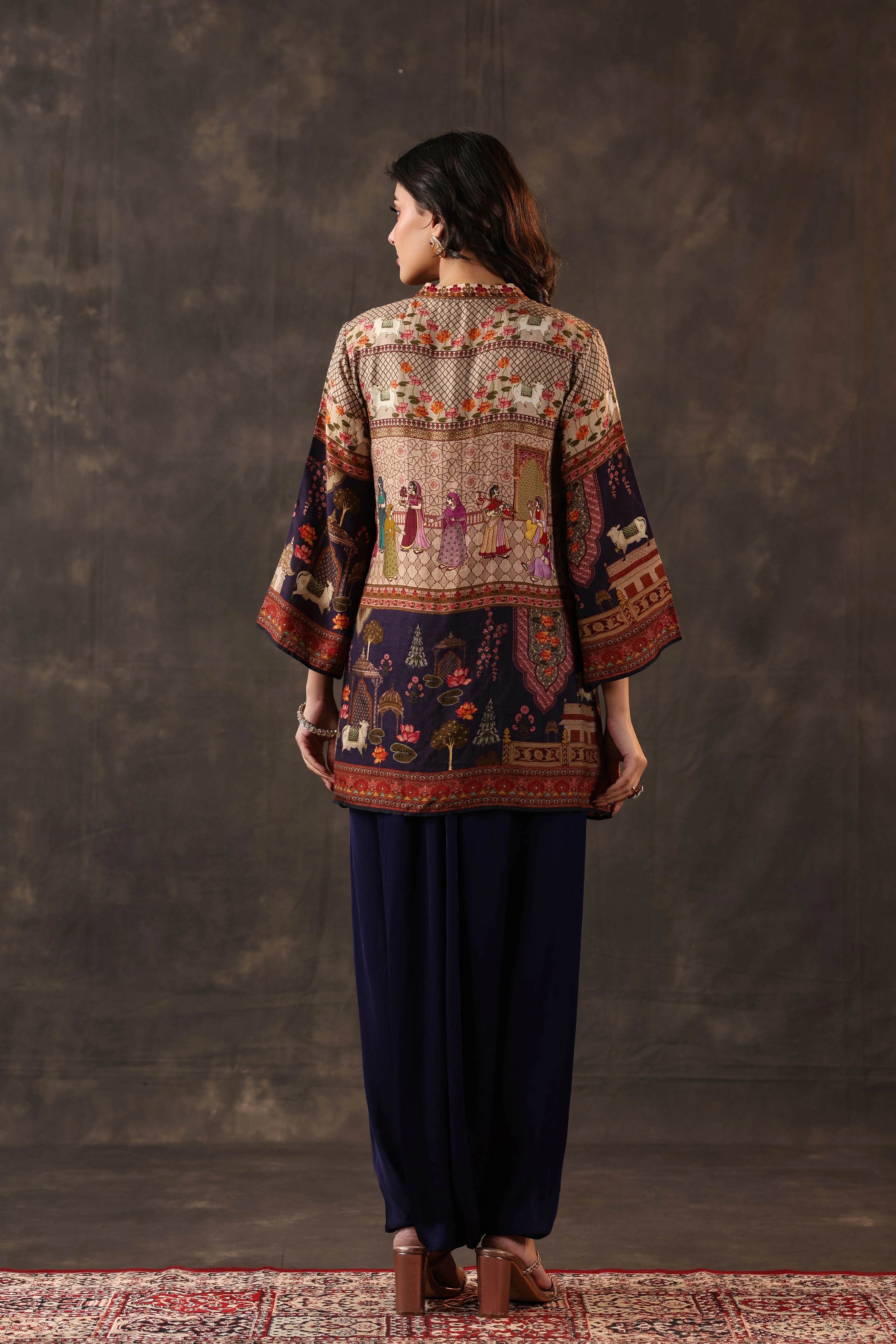 Indigo Heritage Printed Dola Silk Dhoti Set - Image 5