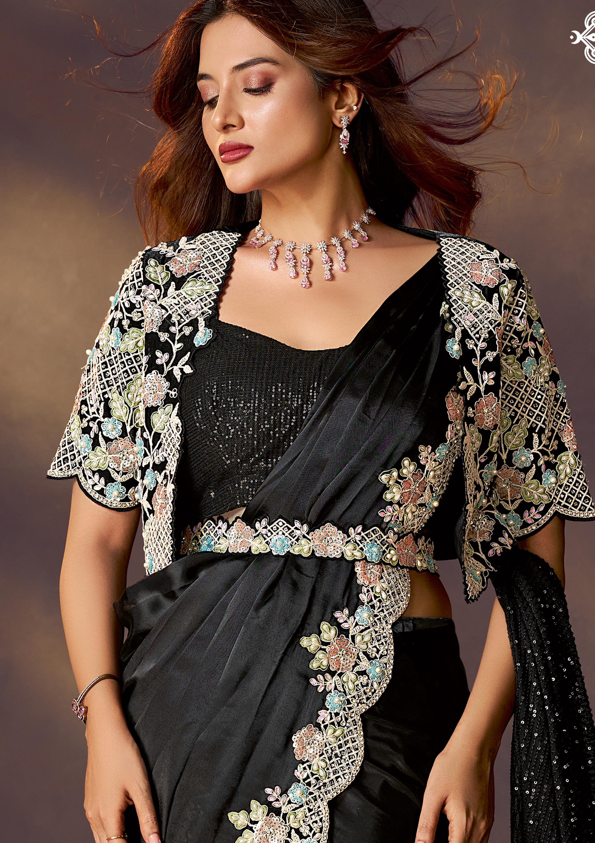 Ink Black Embellished Satin Silk Draped Saree - Image 2