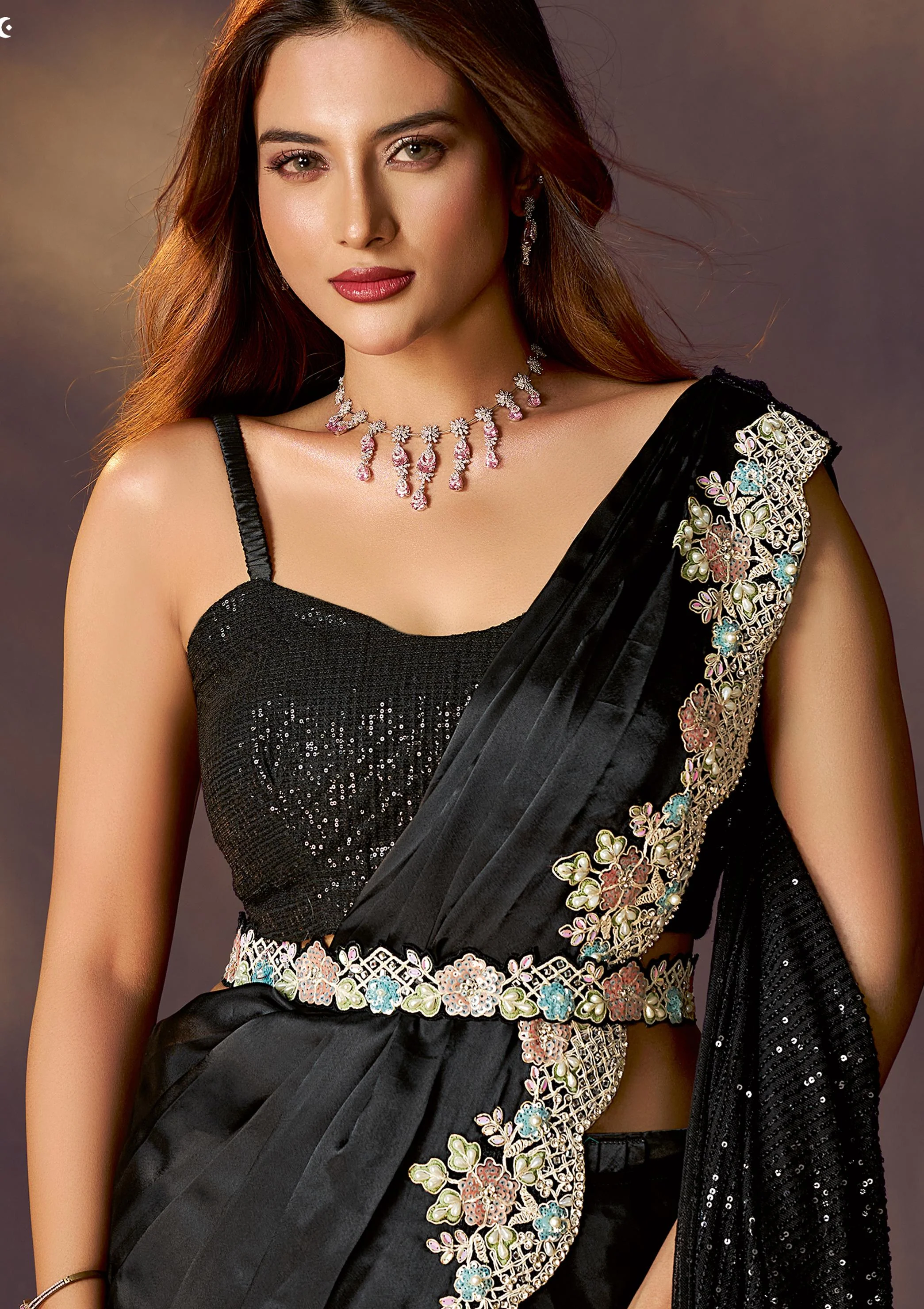 Ink Black Embellished Satin Silk Draped Saree - Image 3
