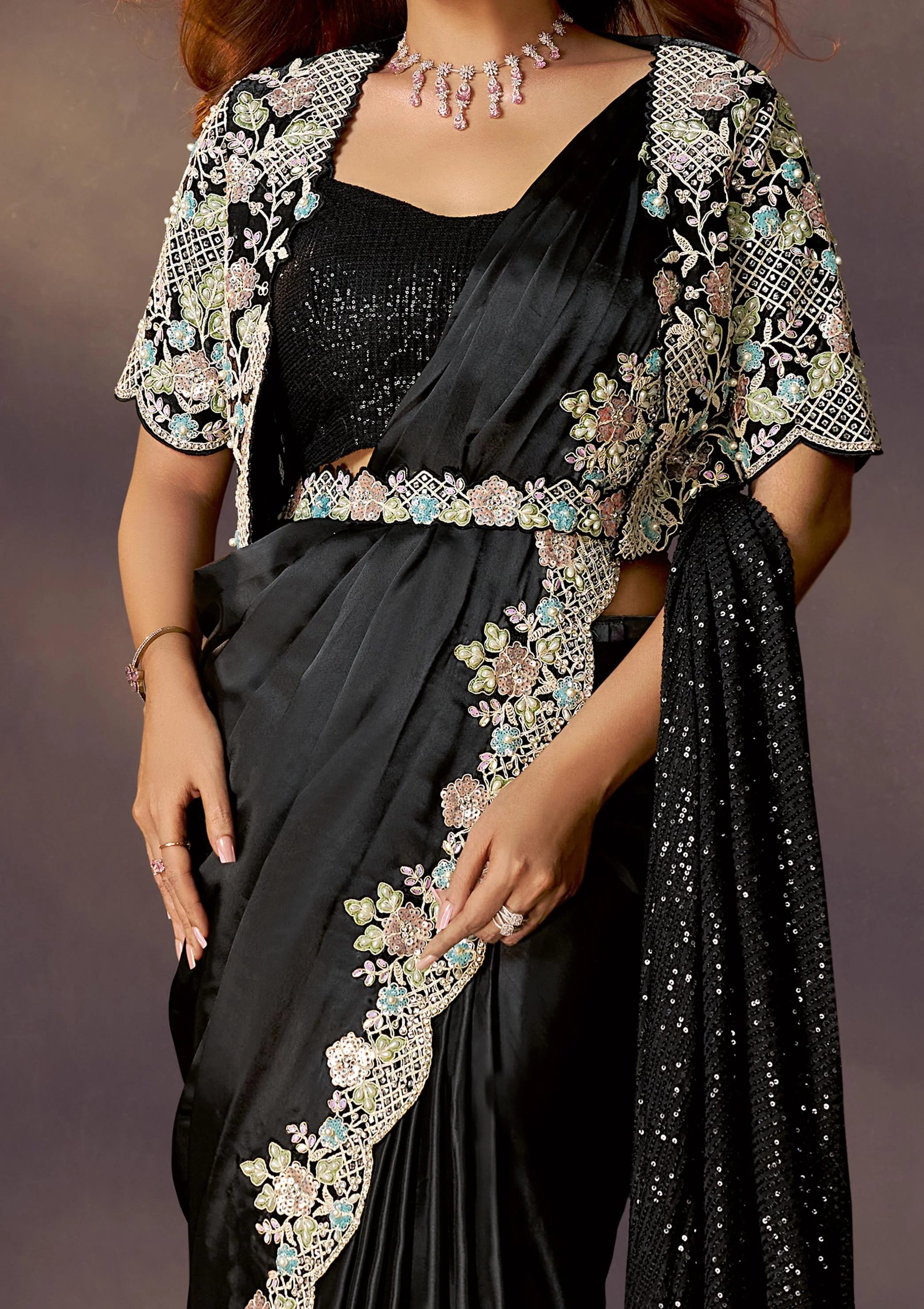 Ink Black Embellished Satin Silk Draped Saree - Image 4