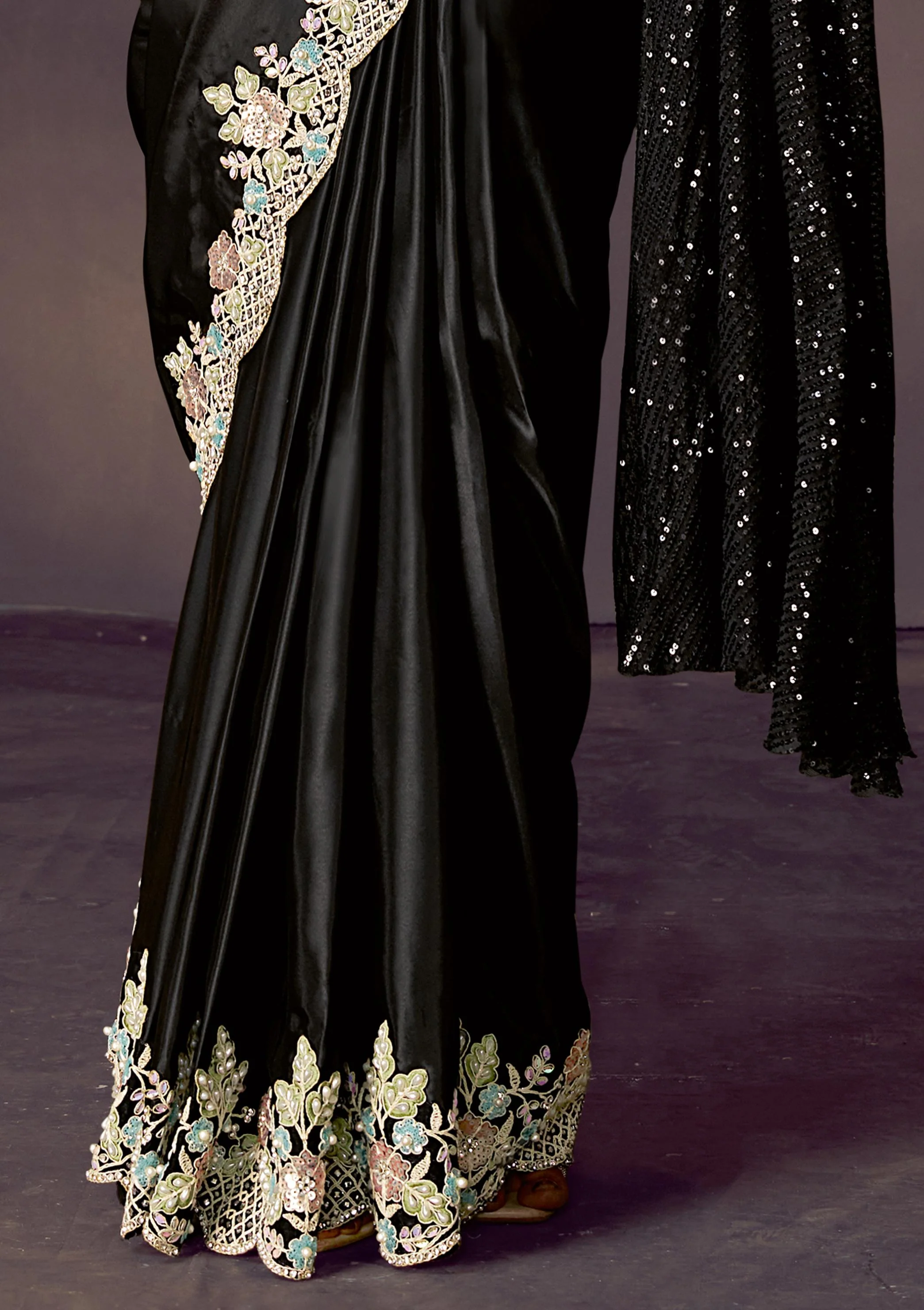 Ink Black Embellished Satin Silk Draped Saree - Image 5