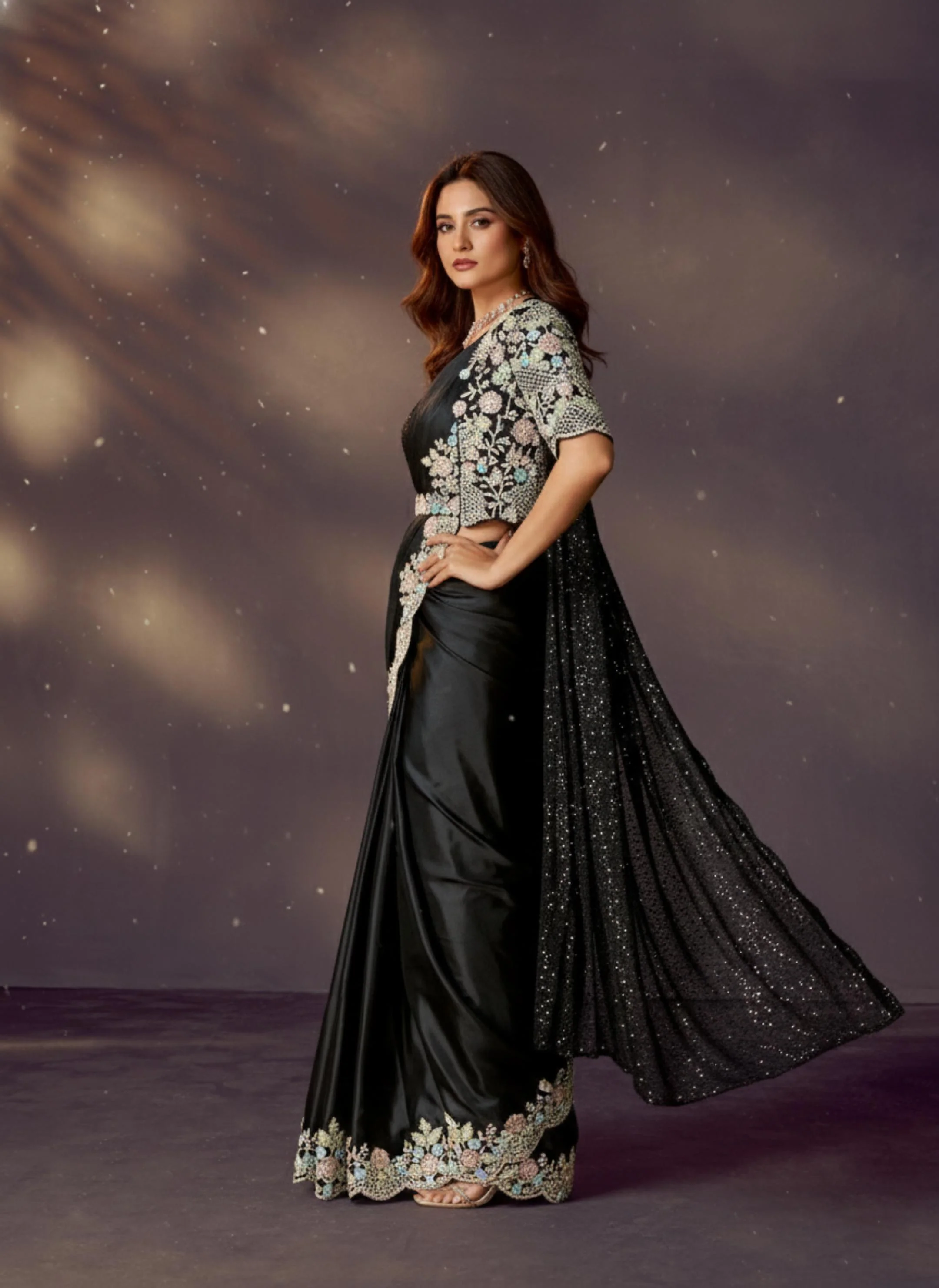 Ink Black Embellished Satin Silk Draped Saree - Image 6