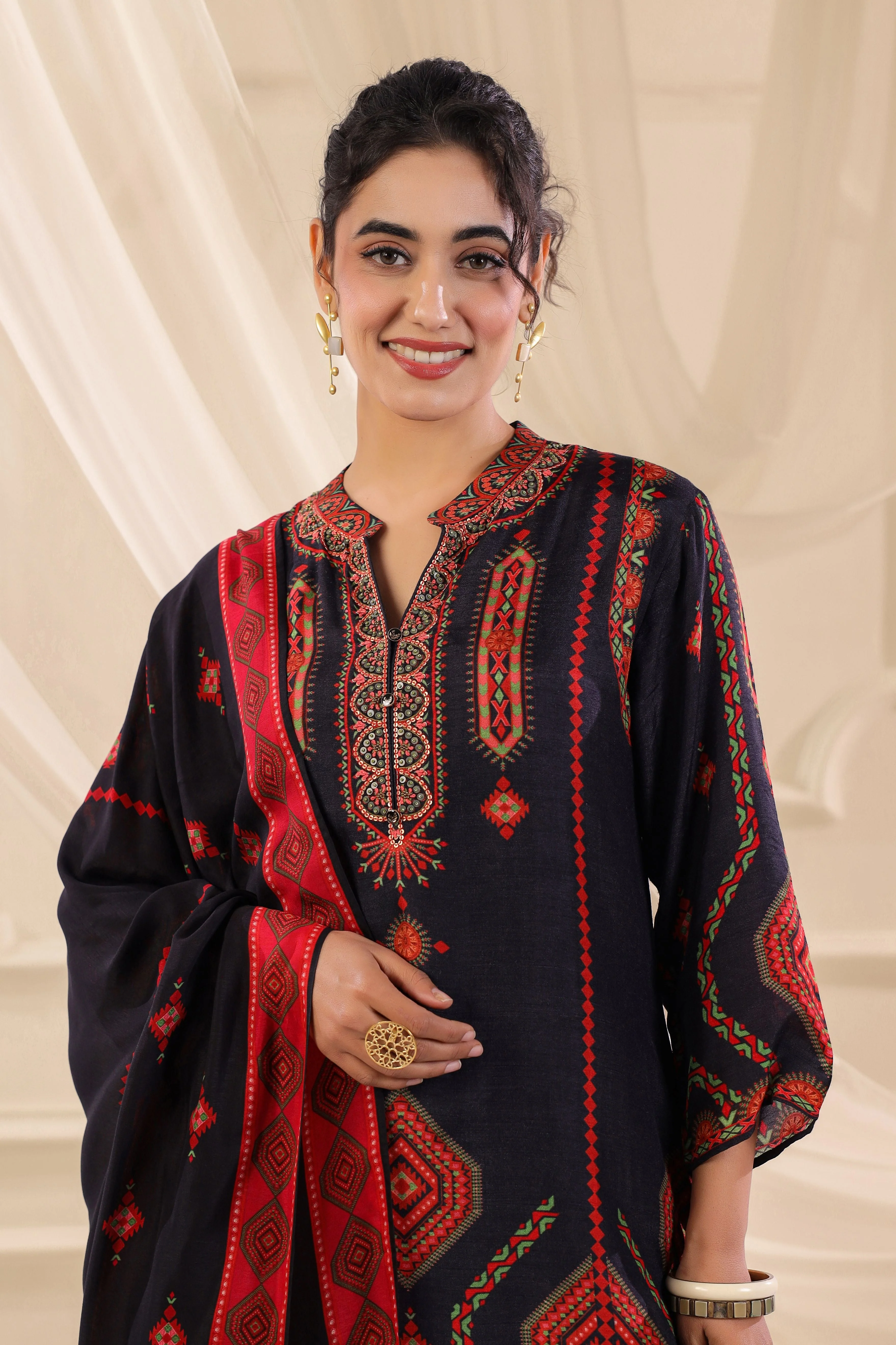 Ink Blue Printed Dola Silk Pant Set - Image 2