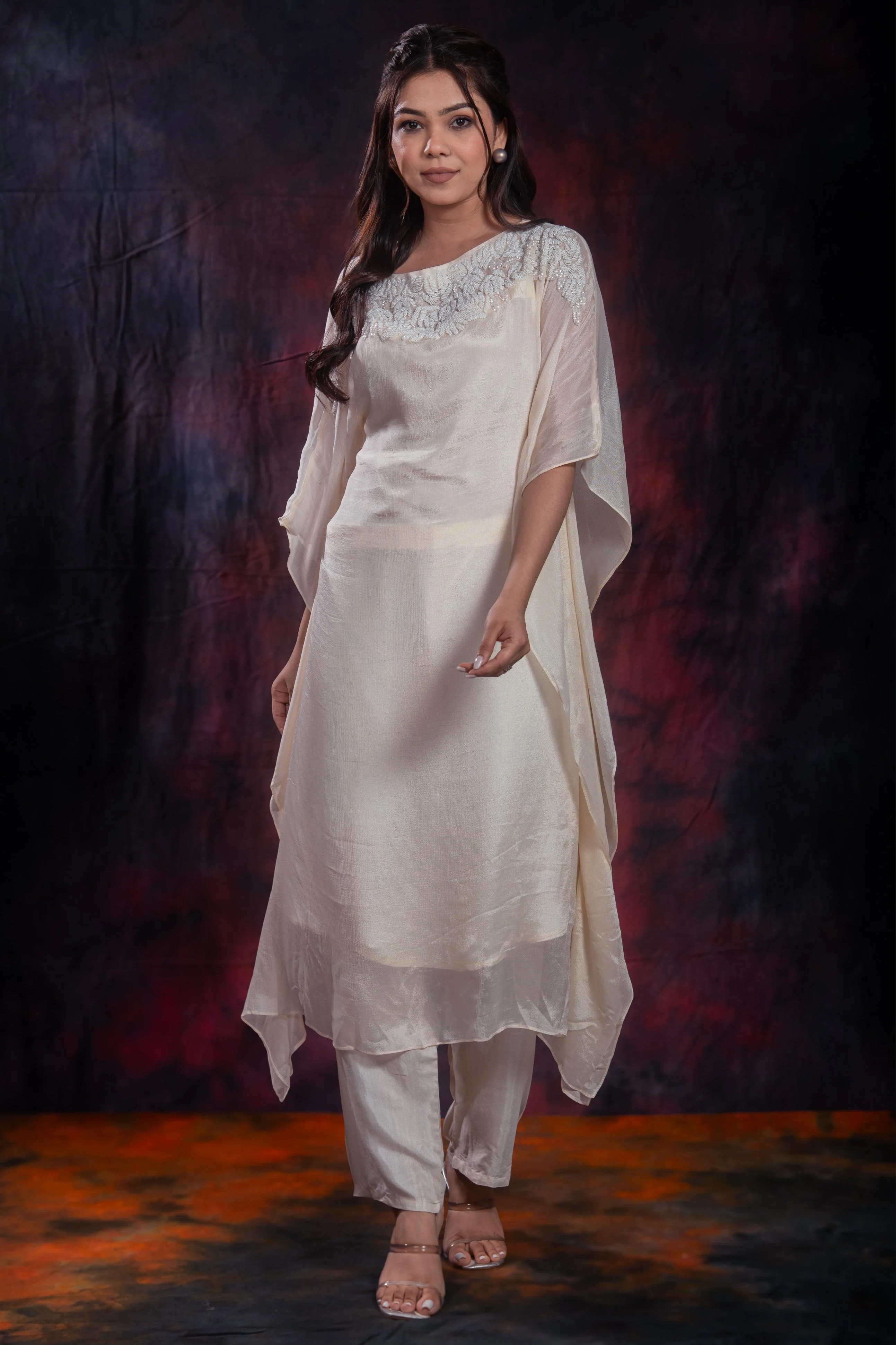 Ivory Embellished Chinon Silk Kurta Set - Image 2