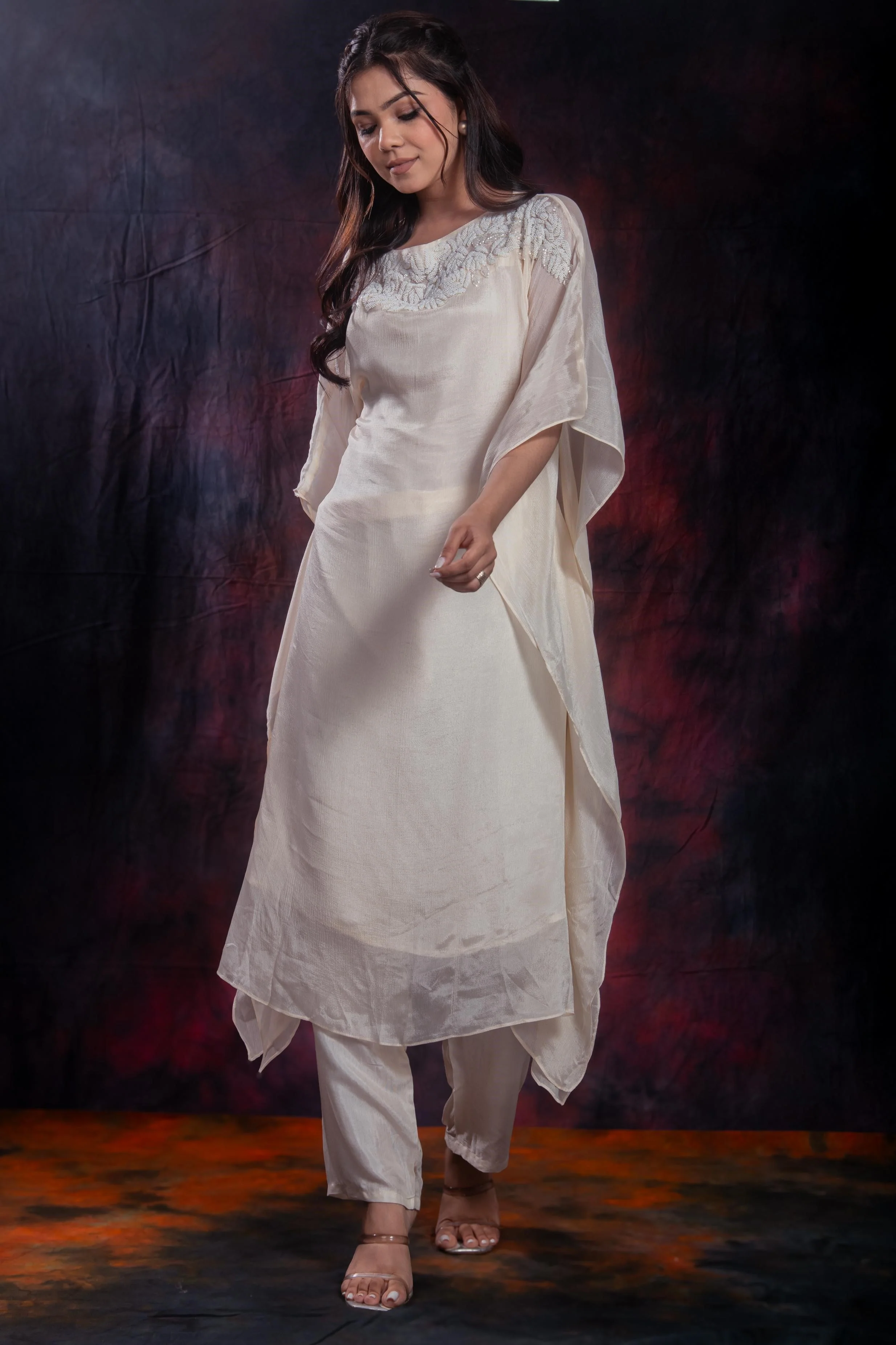 Ivory Embellished Chinon Silk Kurta Set - Image 3