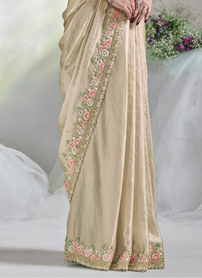 Beige Embellished Tussar Silk Saree - Image 3