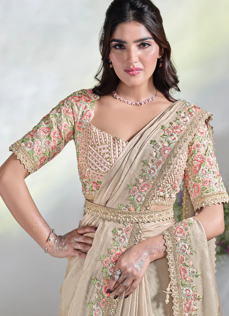 Beige Embellished Tussar Silk Saree - Image 4