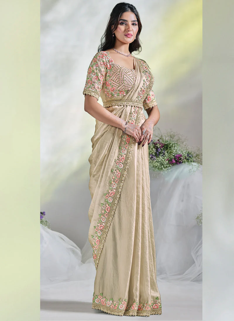 Beige Embellished Tussar Silk Saree - Image 5