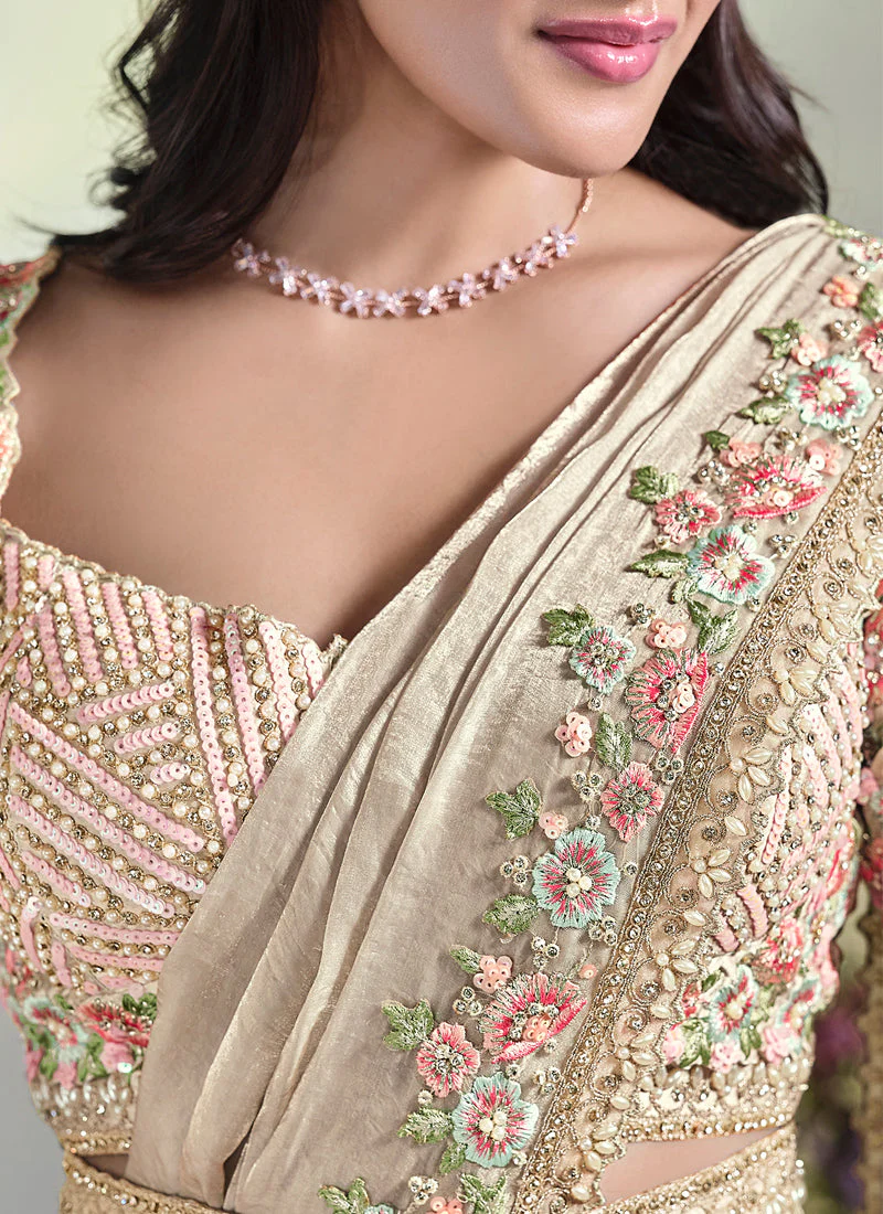 Beige Embellished Tussar Silk Saree - Image 6