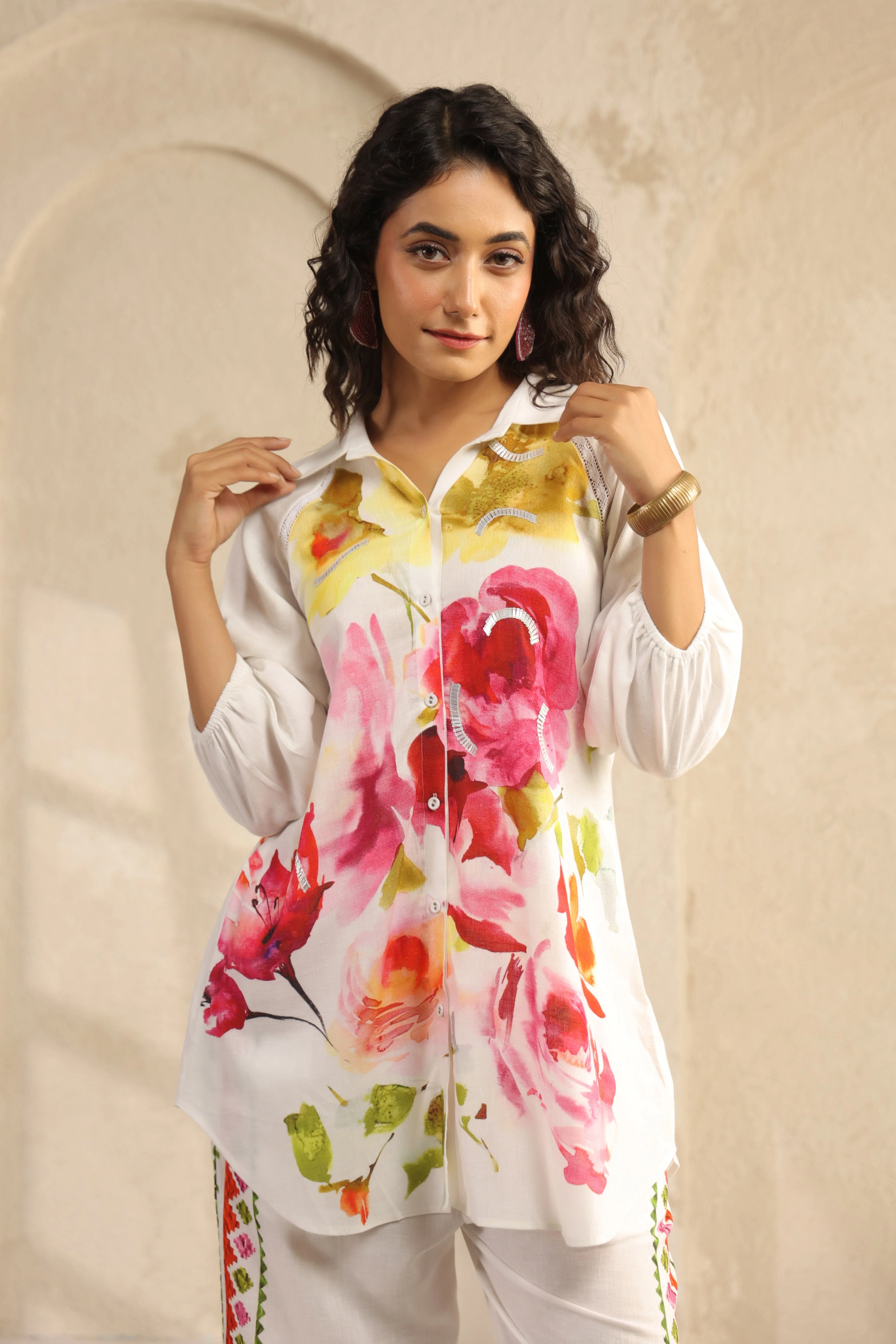 Ivory Floral Printed Pure Linen Co-Ord Set - Image 2