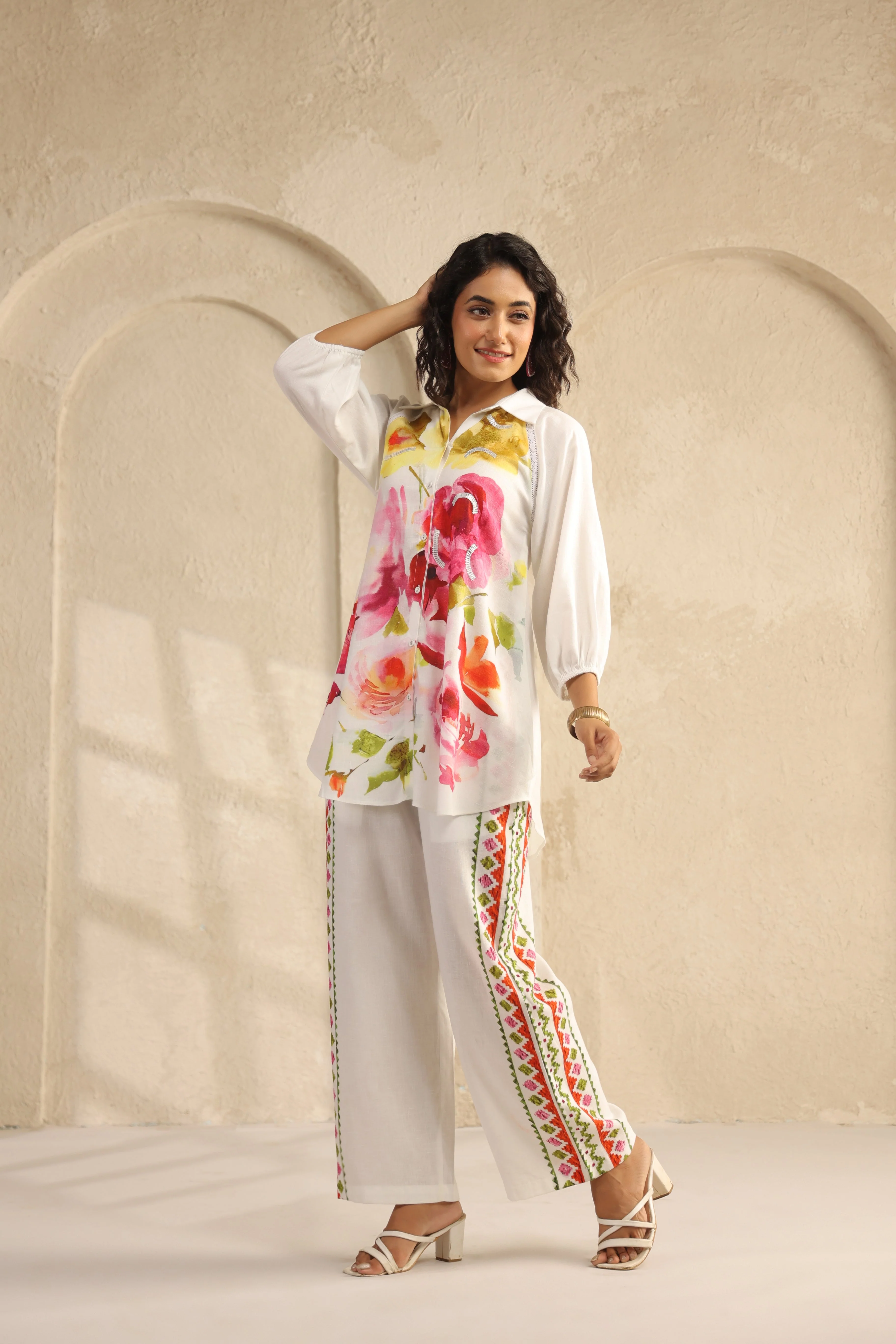 Ivory Floral Printed Pure Linen Co-Ord Set - Image 3
