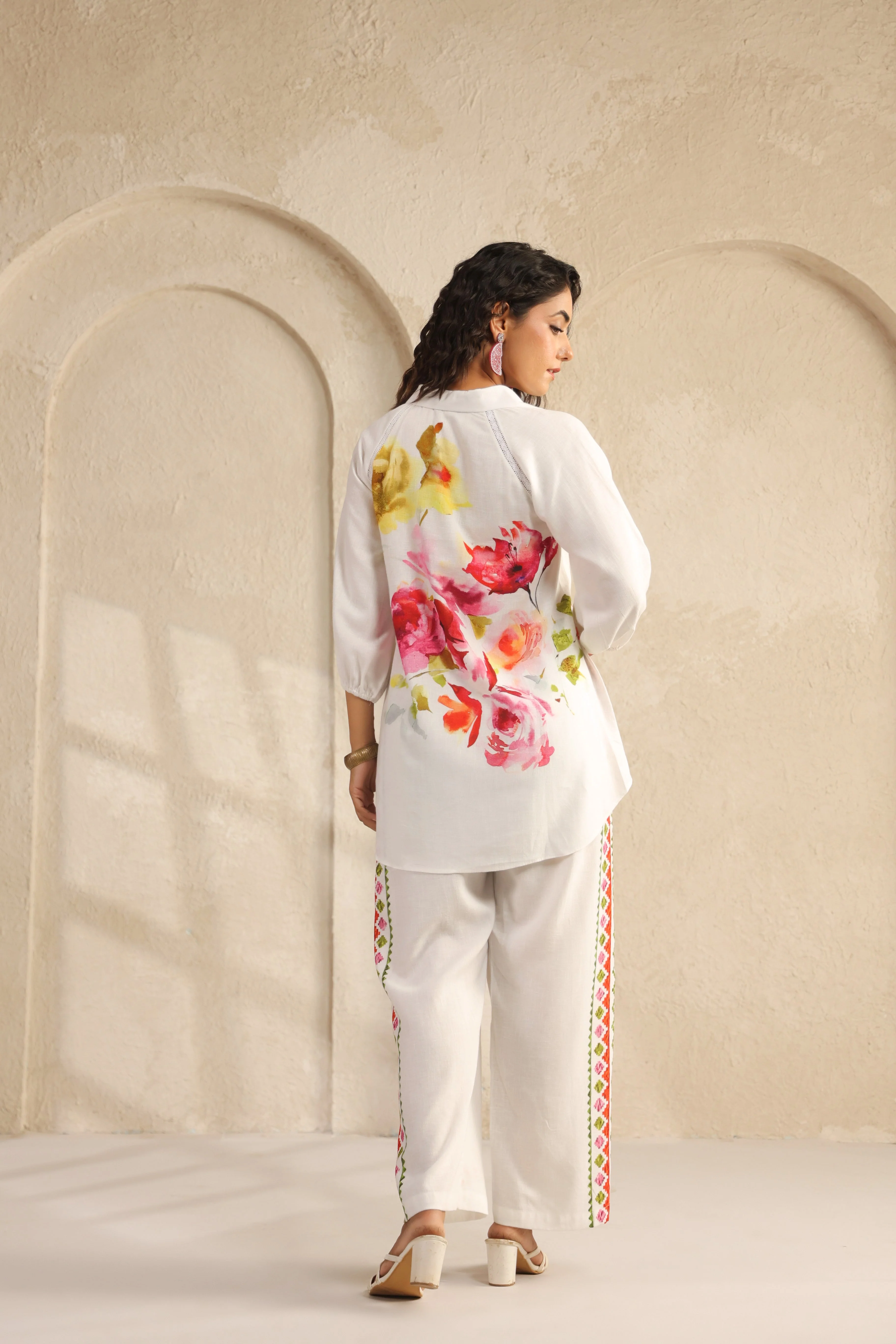 Ivory Floral Printed Pure Linen Co-Ord Set - Image 5