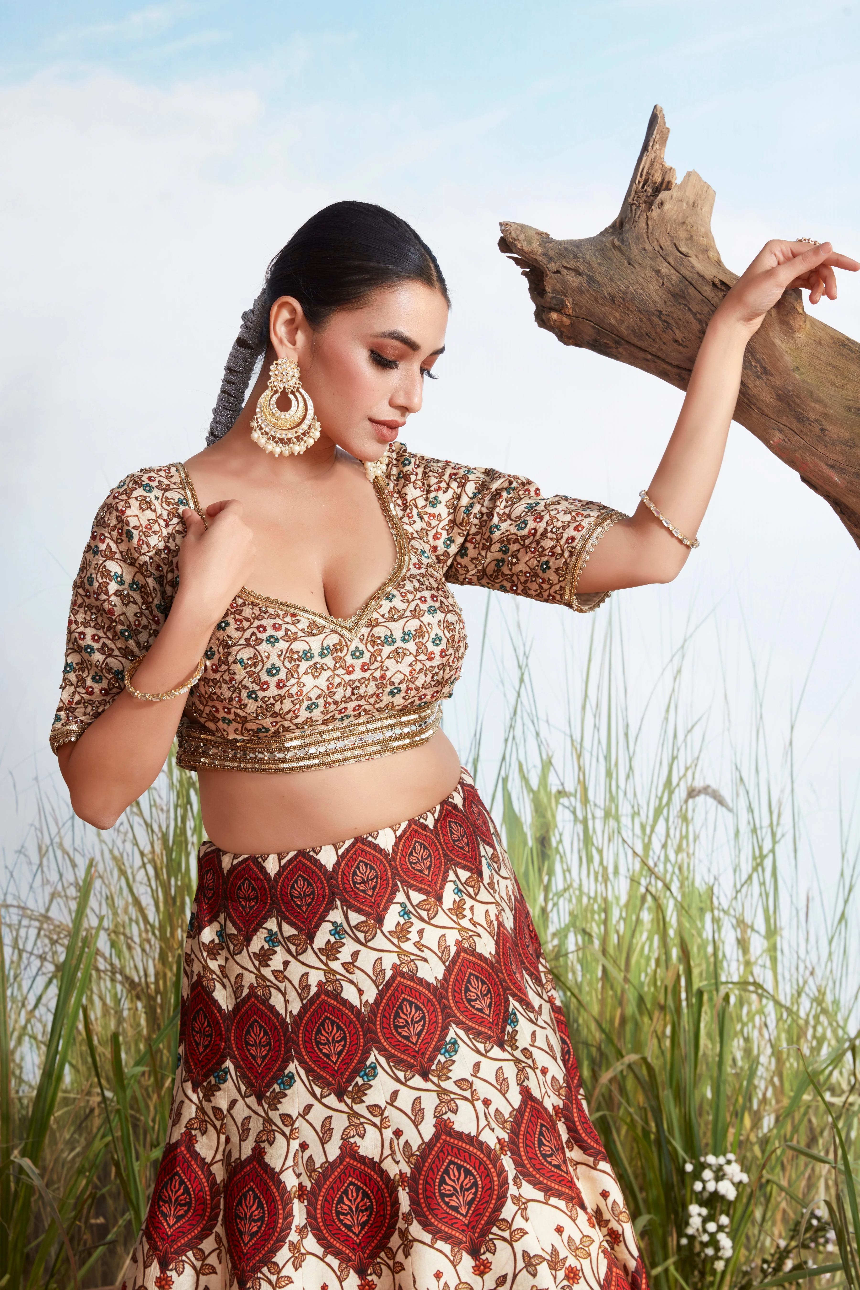 Ivory and Rust Printed Premium Silk Lehenga Set - Image 2