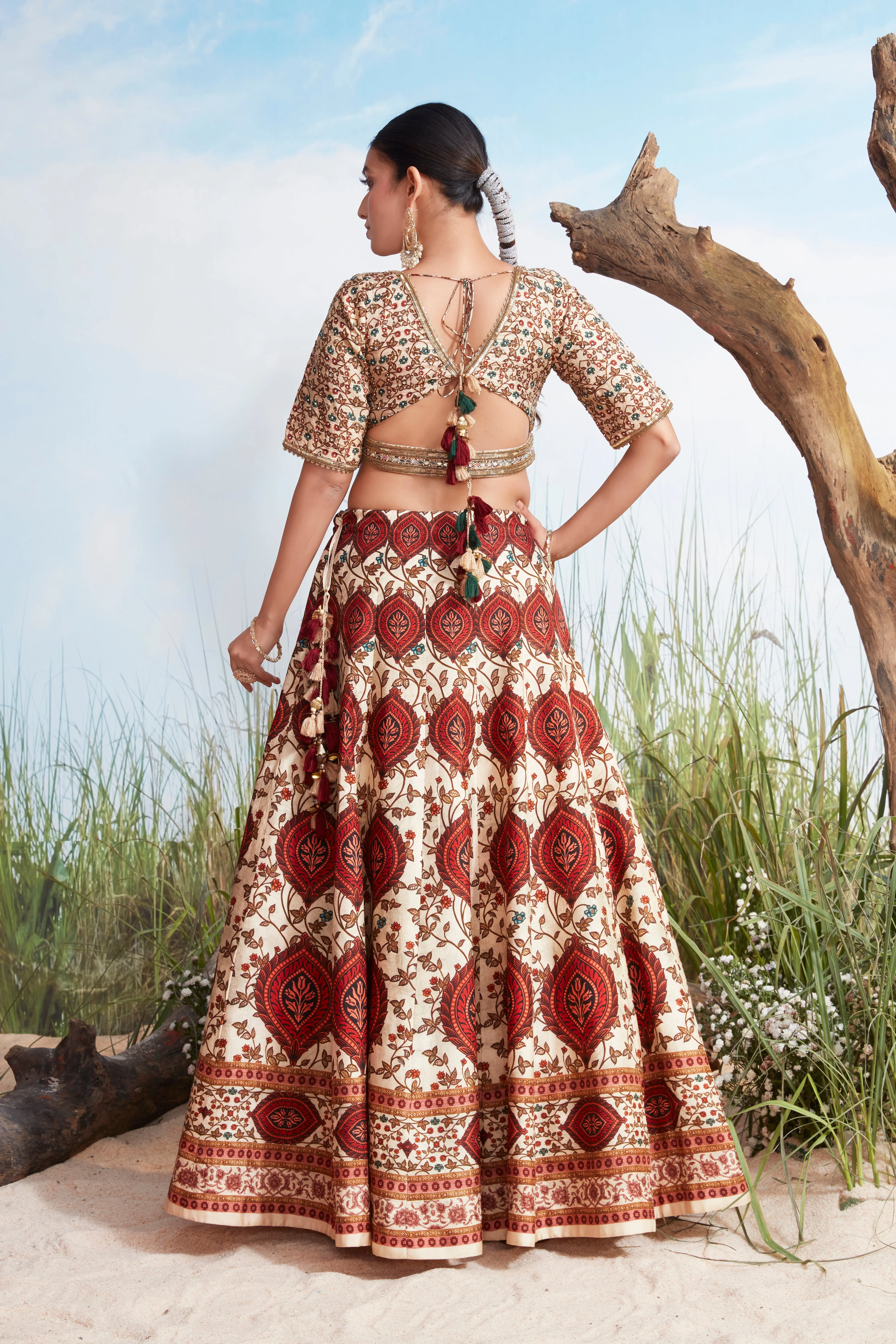 Ivory and Rust Printed Premium Silk Lehenga Set - Image 3