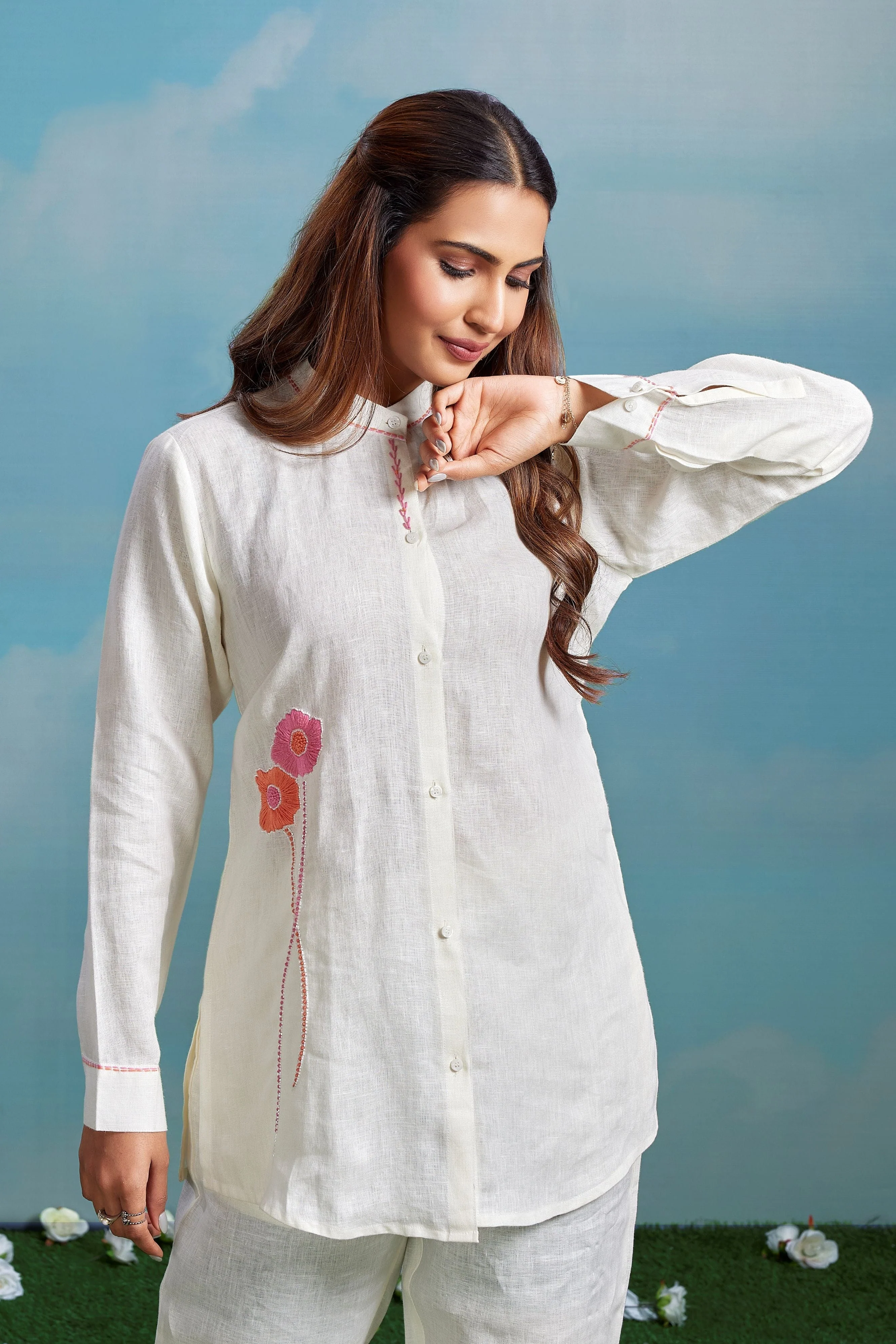 Pristine Ivory Embroidered Linen Co-Ord Set - Image 2