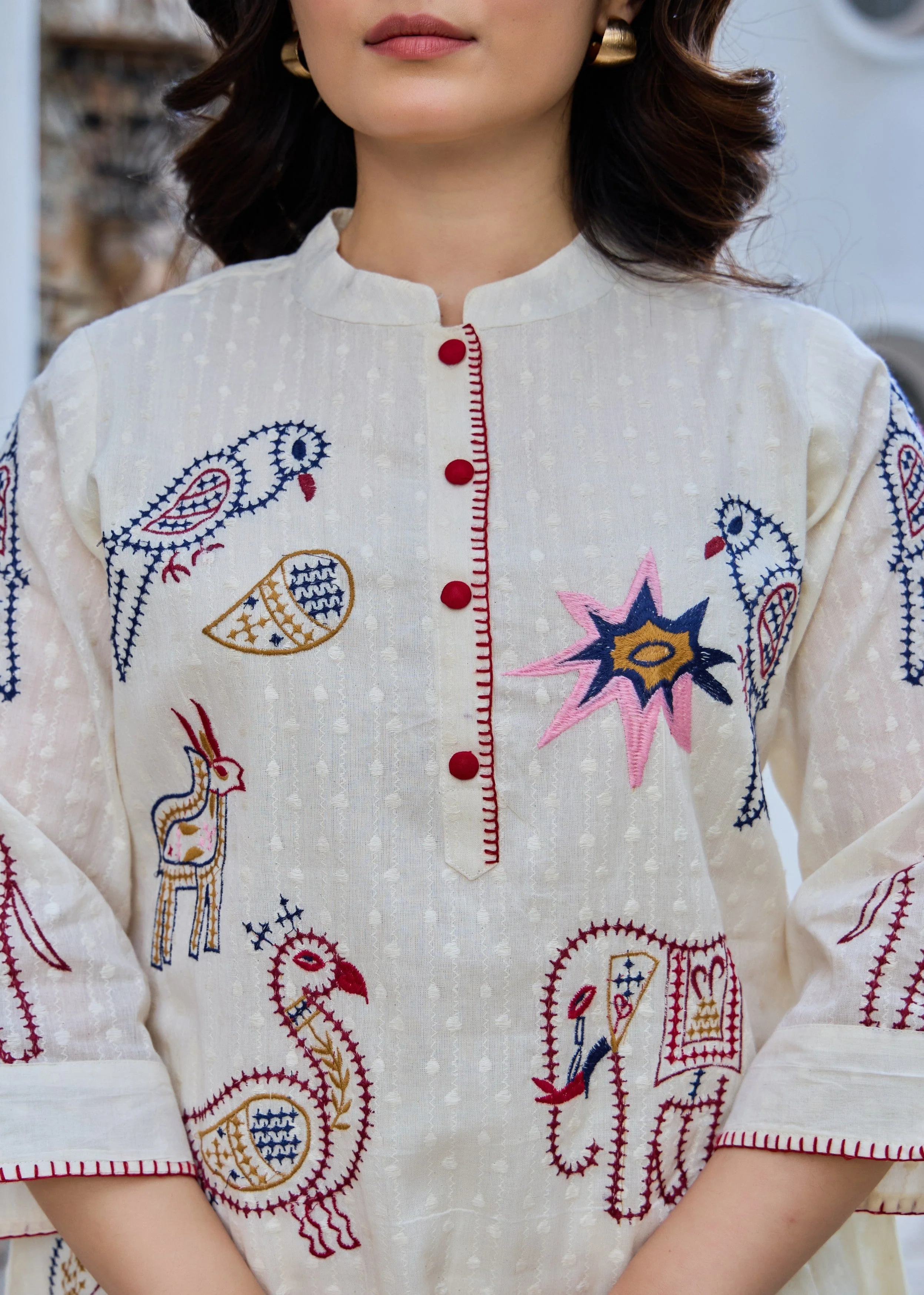 Off-White Folk Embroidered Cotton Co-Ord Set - Image 2