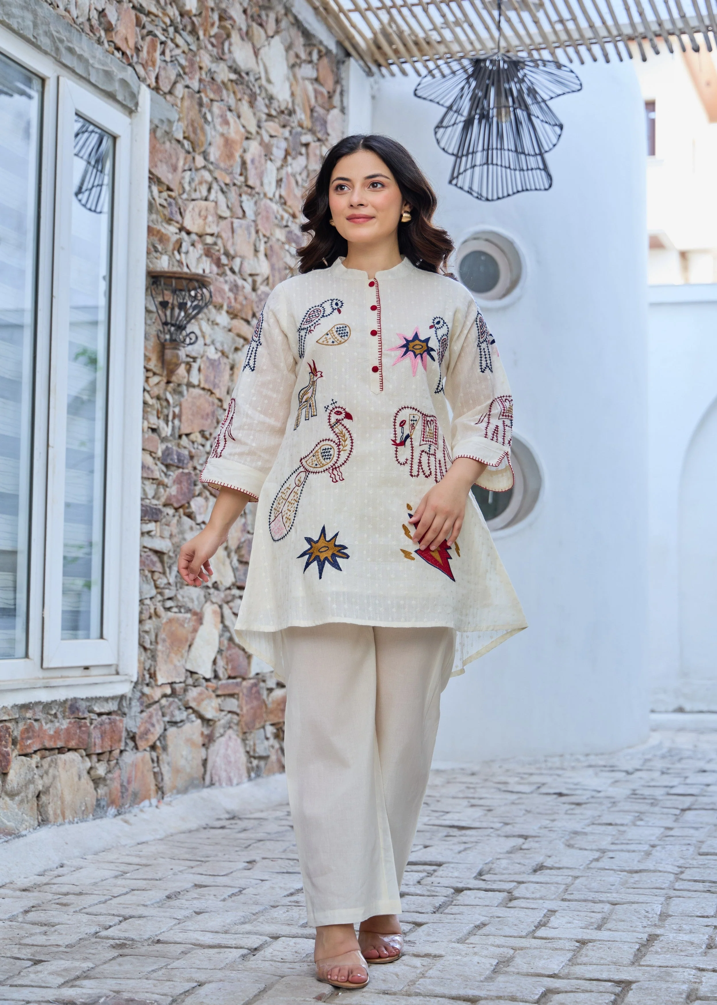 Off-White Folk Embroidered Cotton Co-Ord Set - Image 4