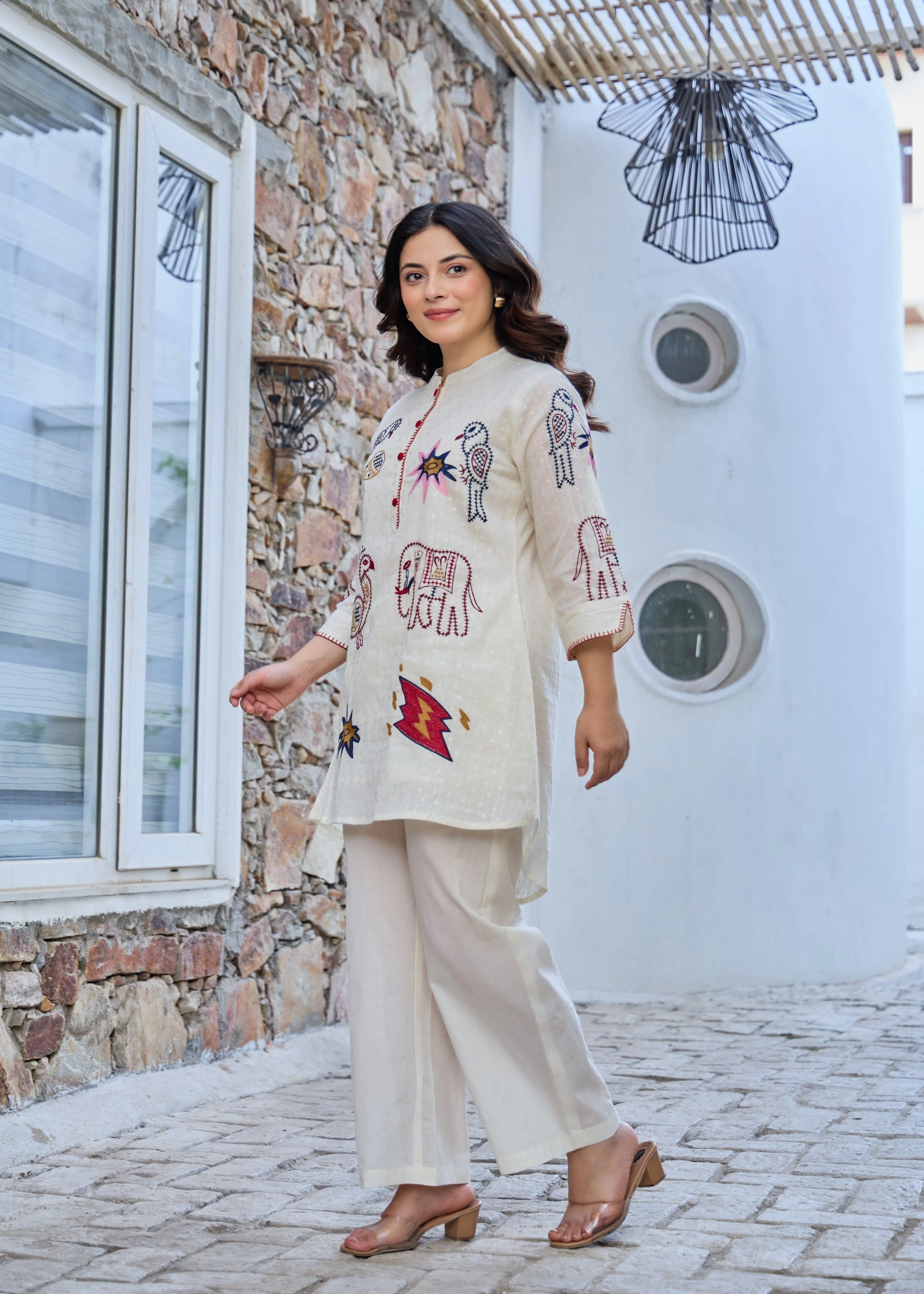 Off-White Folk Embroidered Cotton Co-Ord Set - Image 5