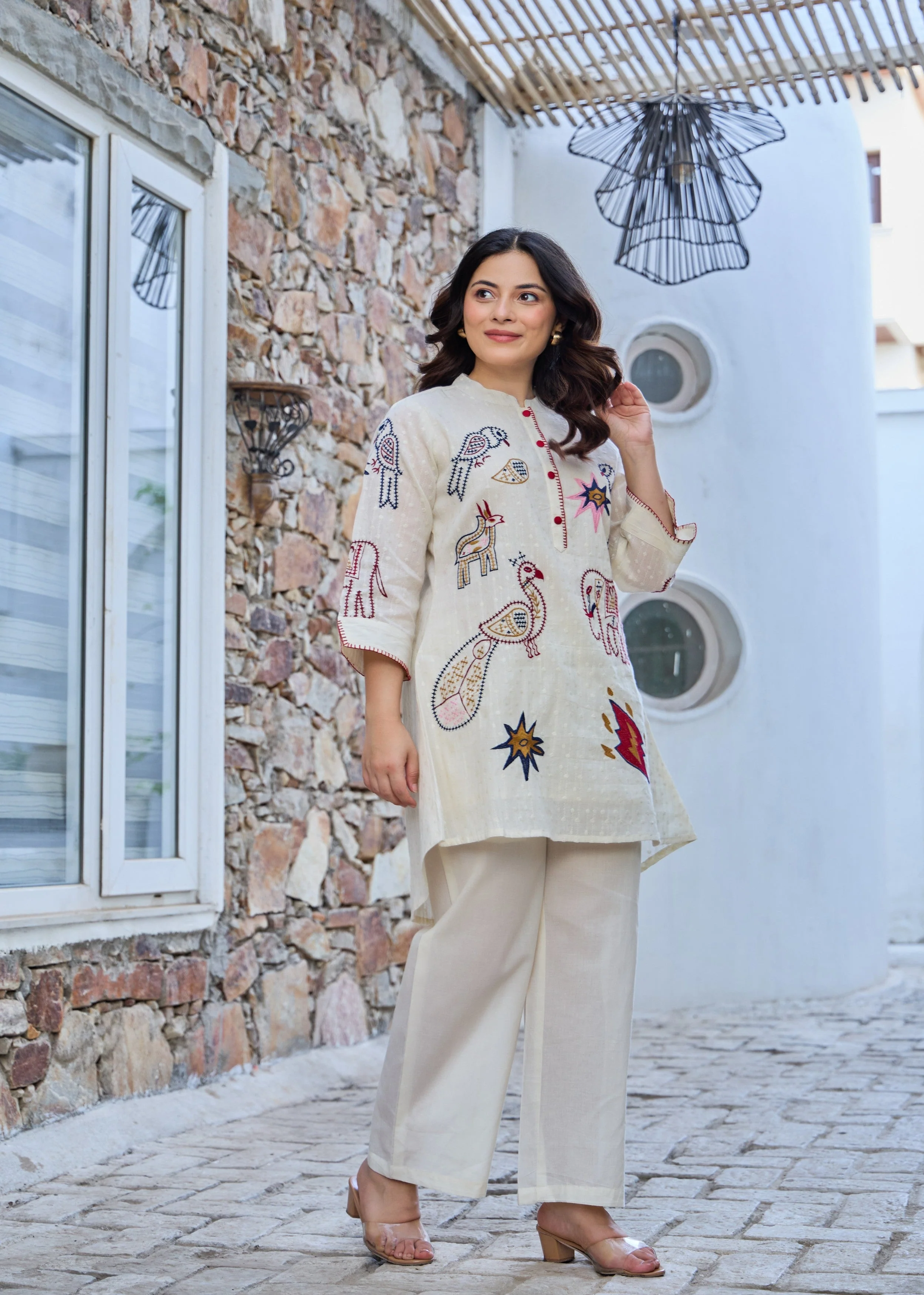 Off-White Folk Embroidered Cotton Co-Ord Set - Image 6