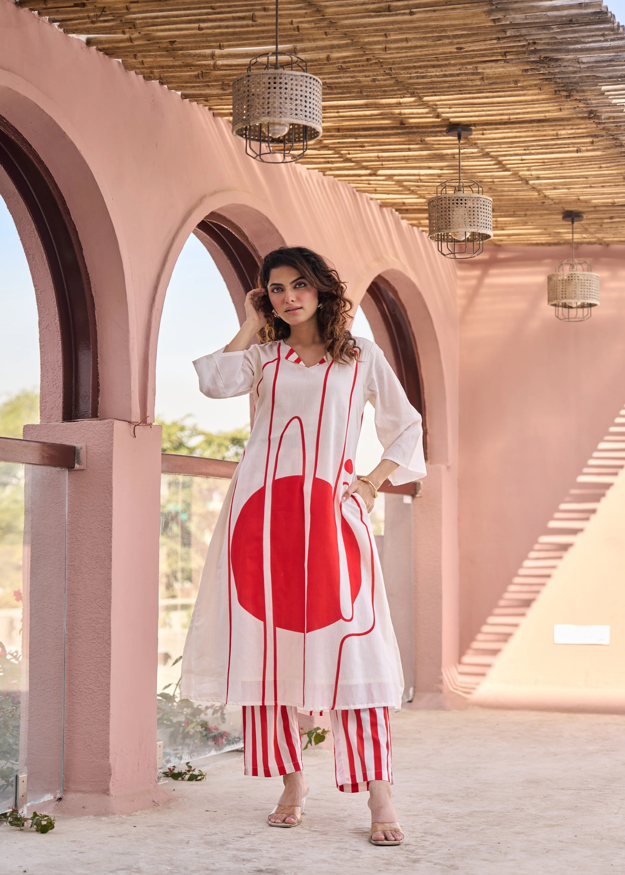 Ivory & Bold Red Abstract Printed Cotton Kurta Set