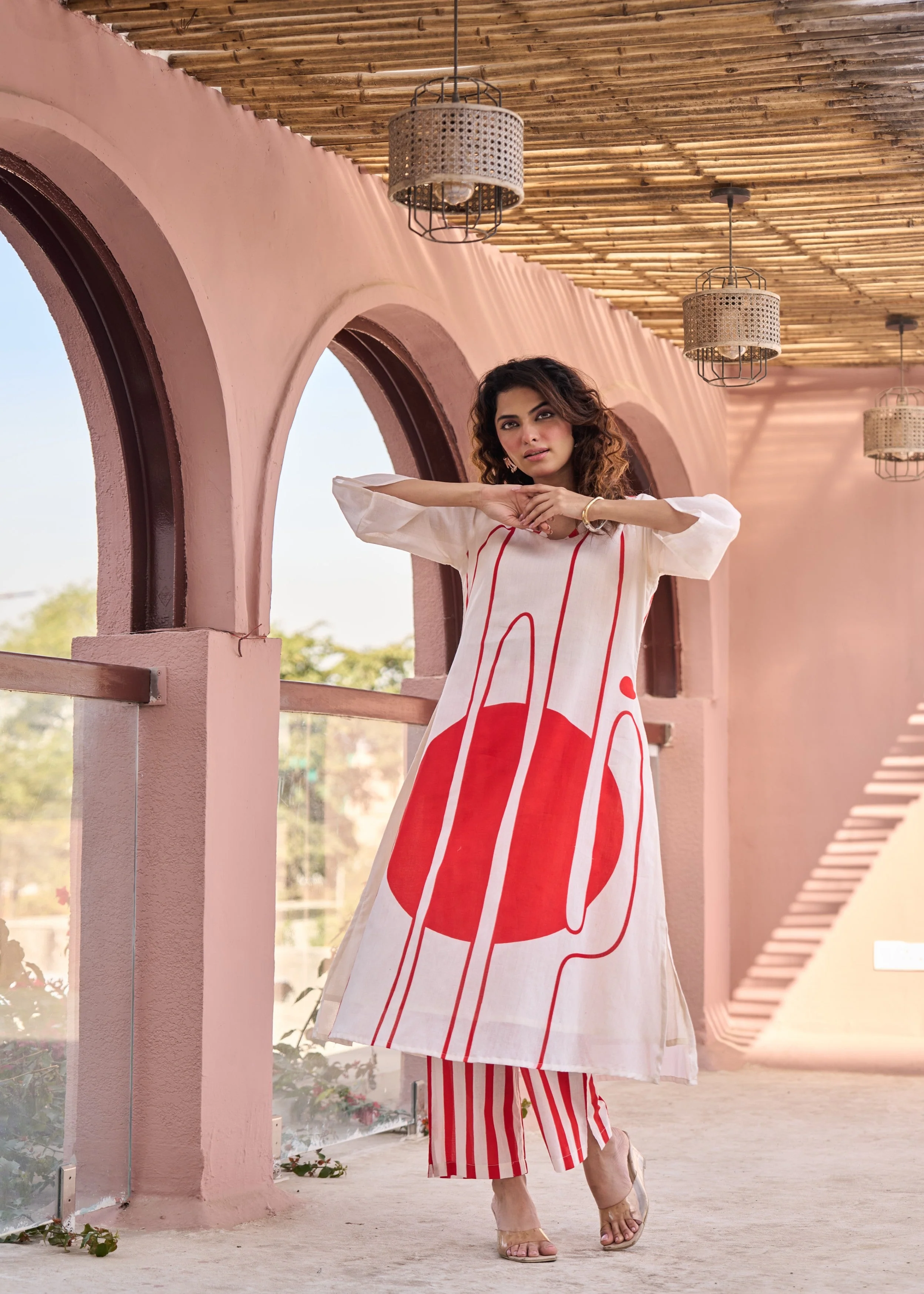 Ivory & Bold Red Abstract Printed Cotton Kurta Set - Image 2