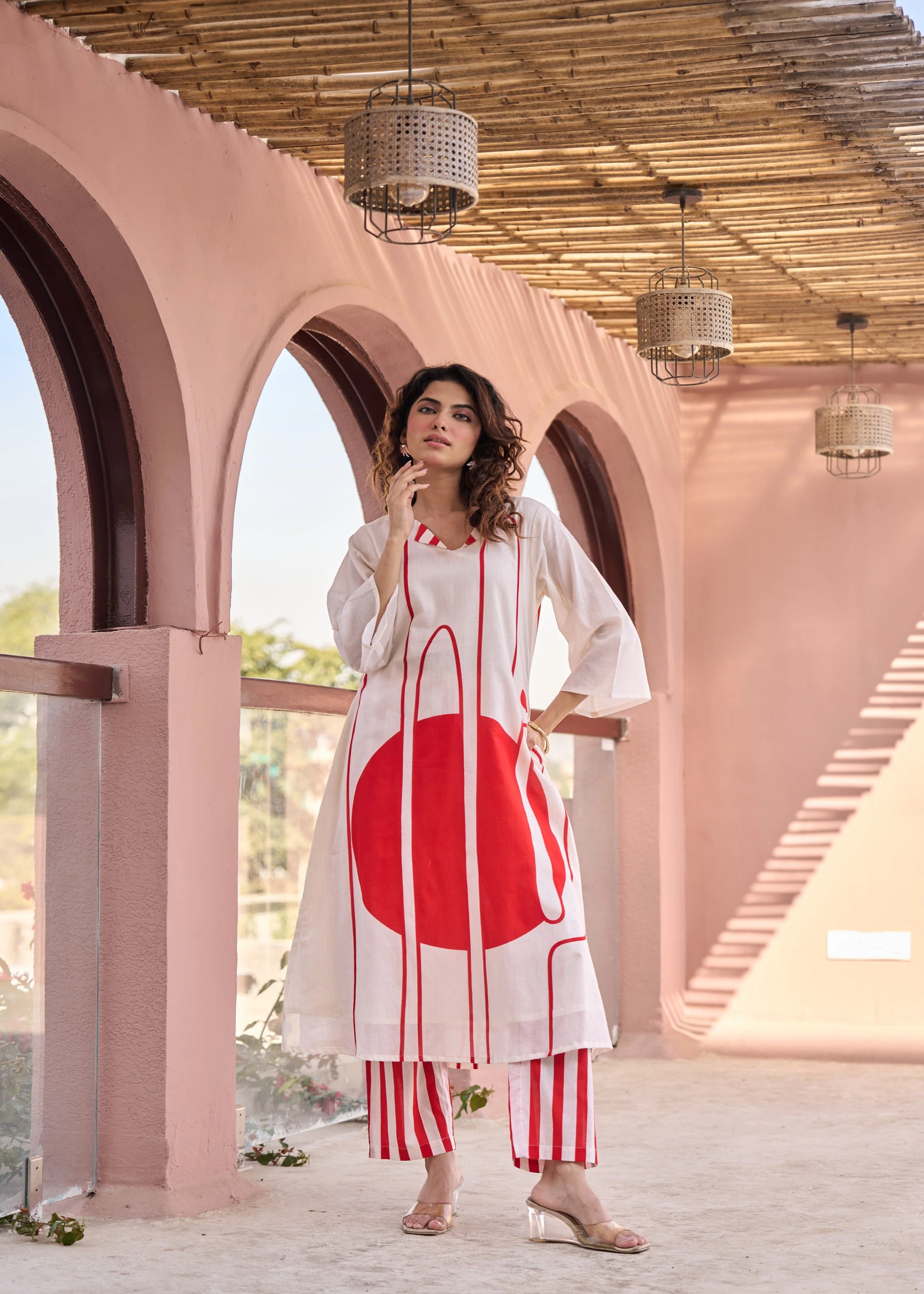 Ivory & Bold Red Abstract Printed Cotton Kurta Set - Image 3