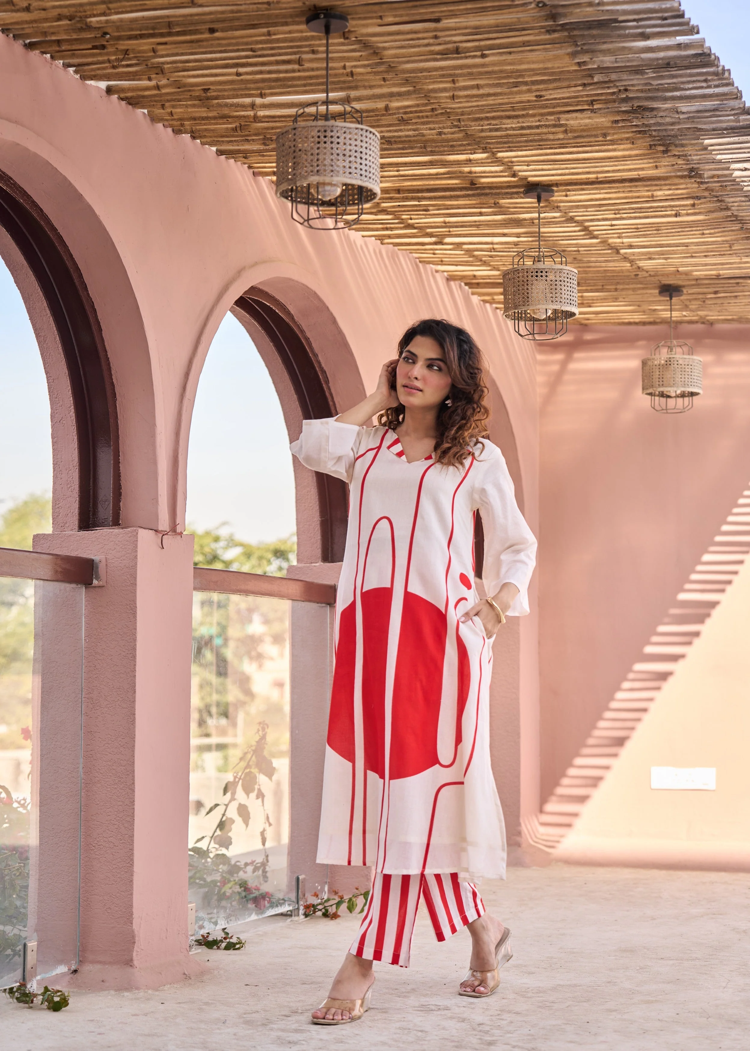 Ivory & Bold Red Abstract Printed Cotton Kurta Set - Image 4