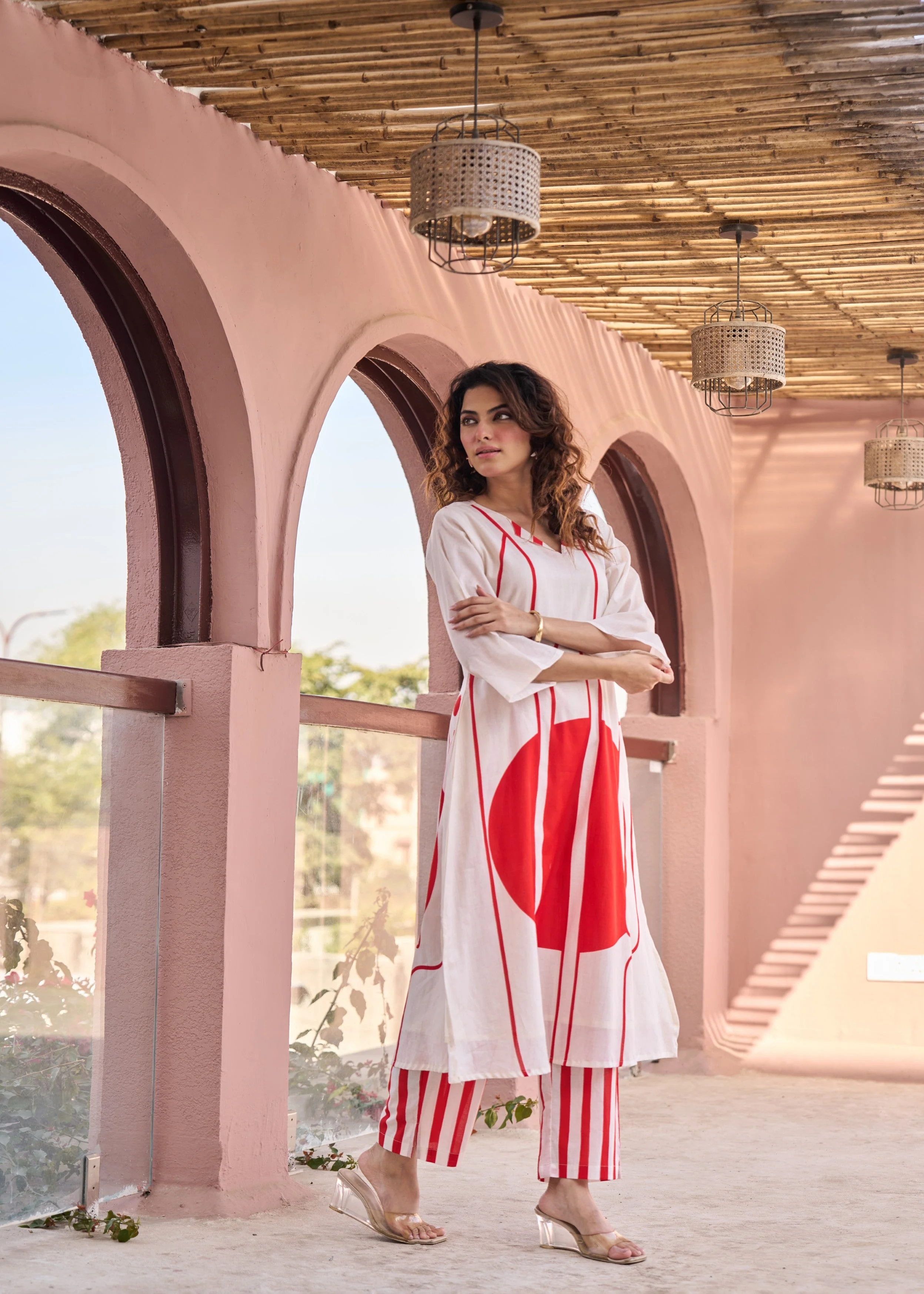 Ivory & Bold Red Abstract Printed Cotton Kurta Set - Image 5
