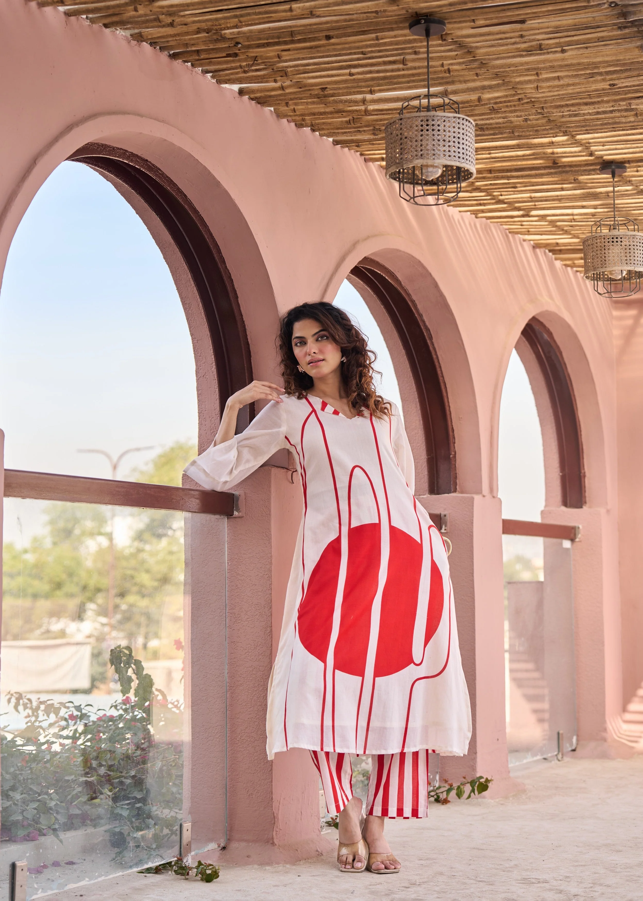 Ivory & Bold Red Abstract Printed Cotton Kurta Set - Image 6
