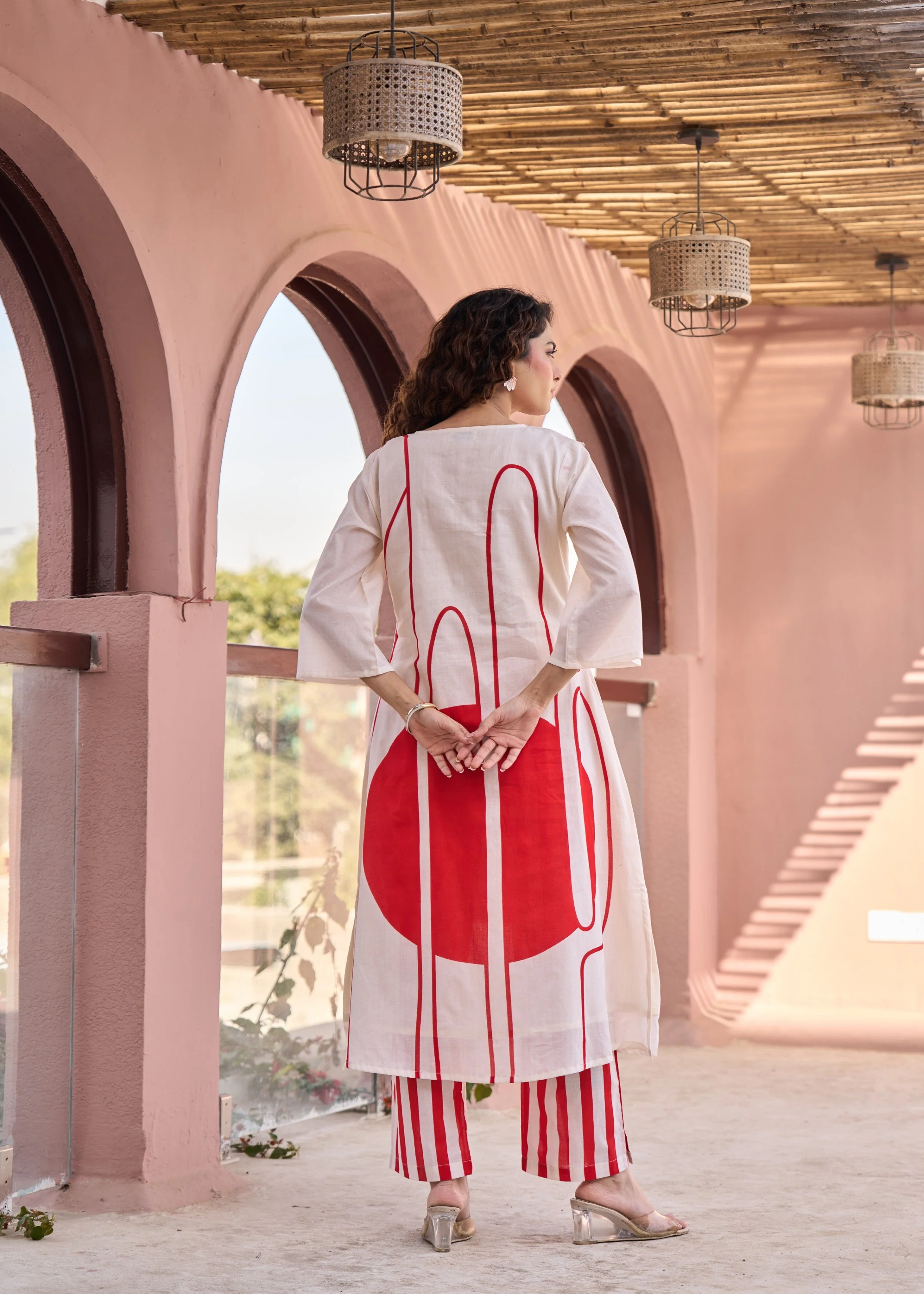 Ivory & Bold Red Abstract Printed Cotton Kurta Set - Image 7