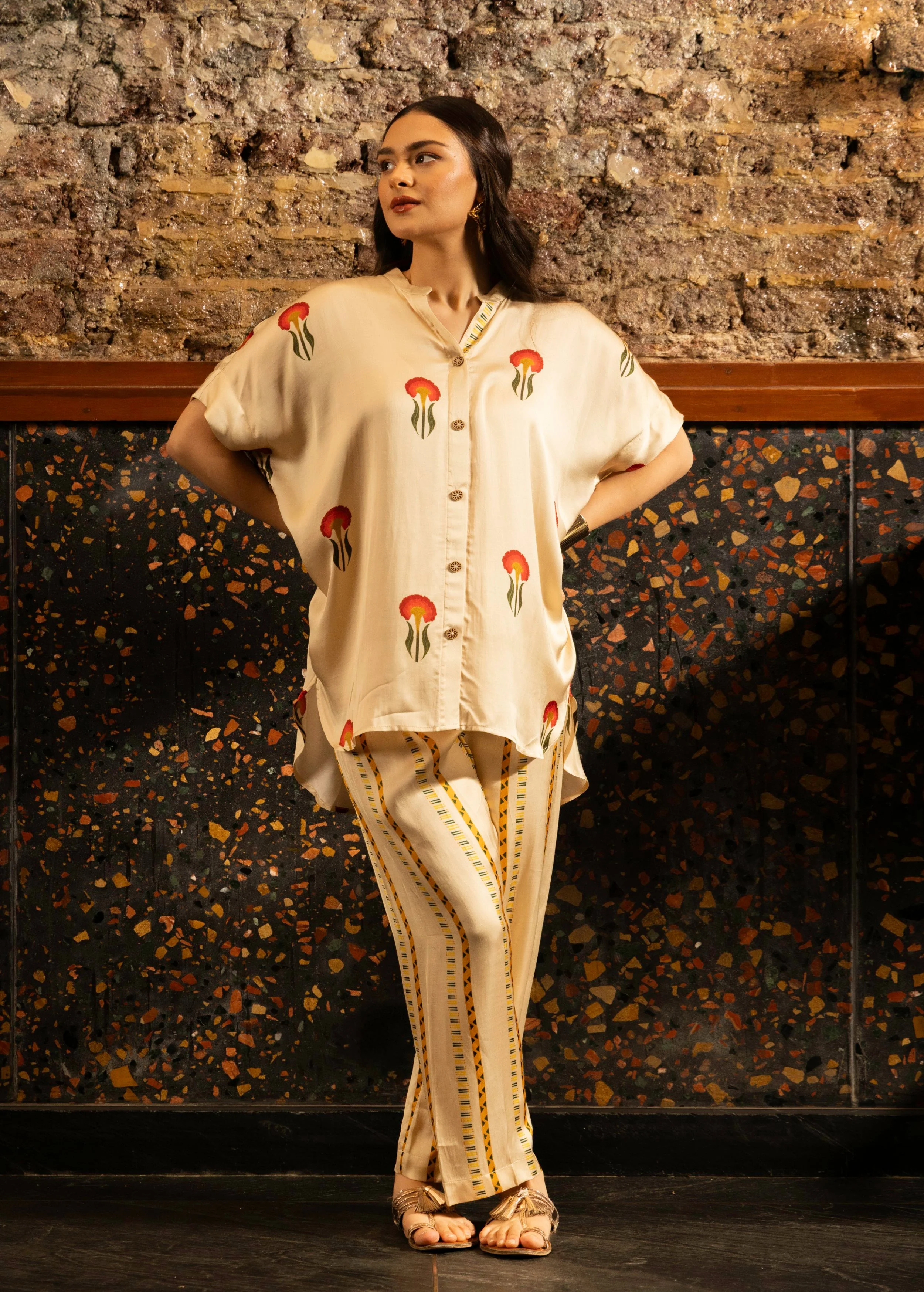 Ivory Botnical Printed Satin Silk Co-Ord Set