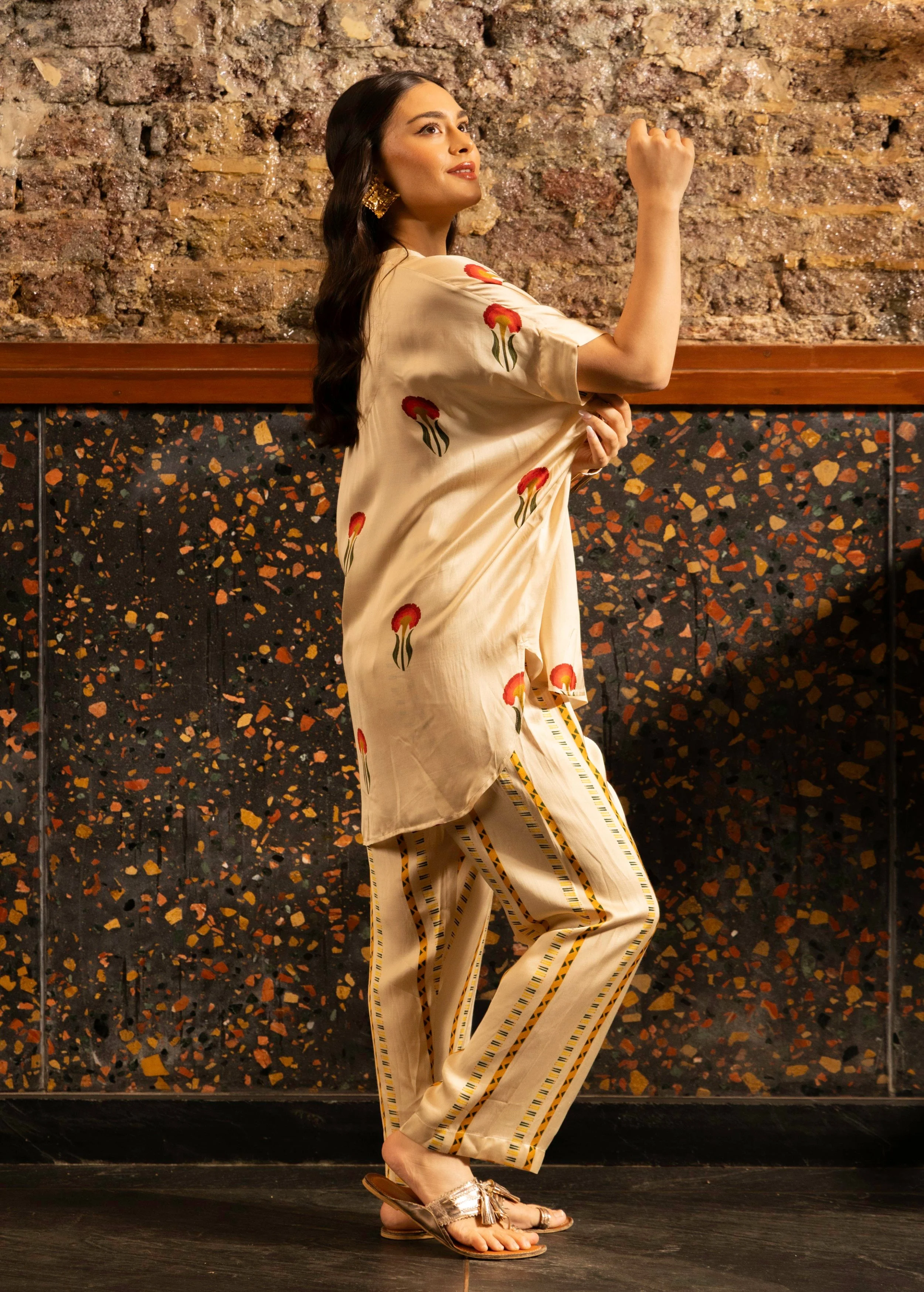 Ivory Botnical Printed Satin Silk Co-Ord Set - Image 2