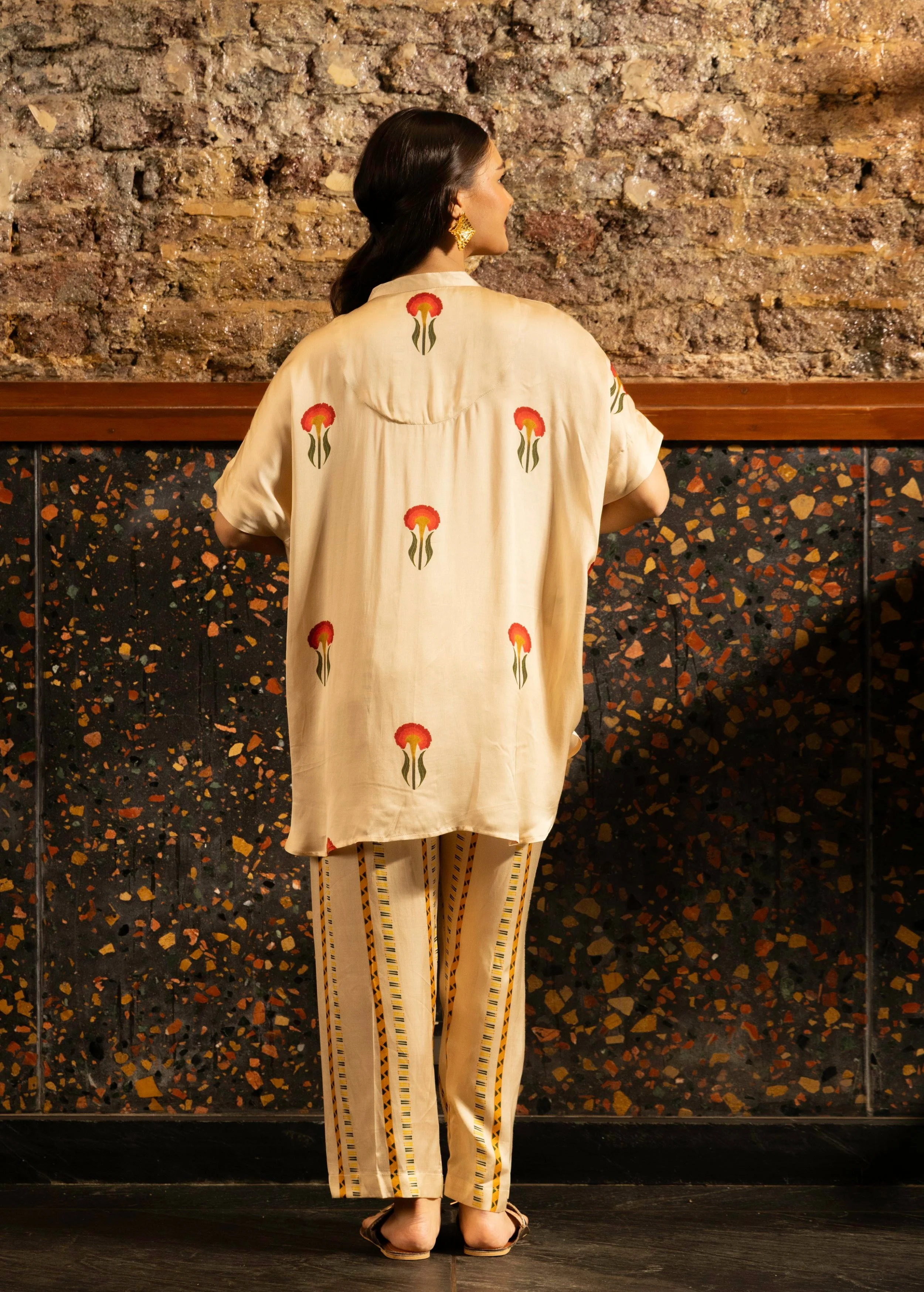Ivory Botnical Printed Satin Silk Co-Ord Set - Image 3