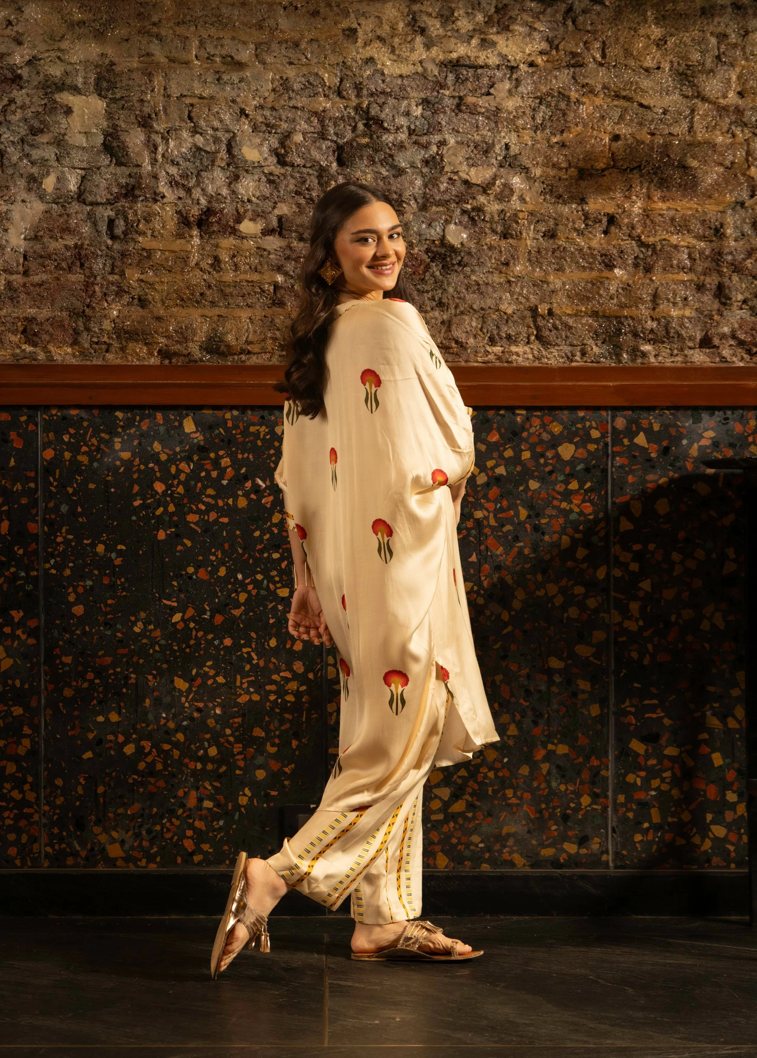 Ivory Botnical Printed Satin Silk Kurta Set - Image 2