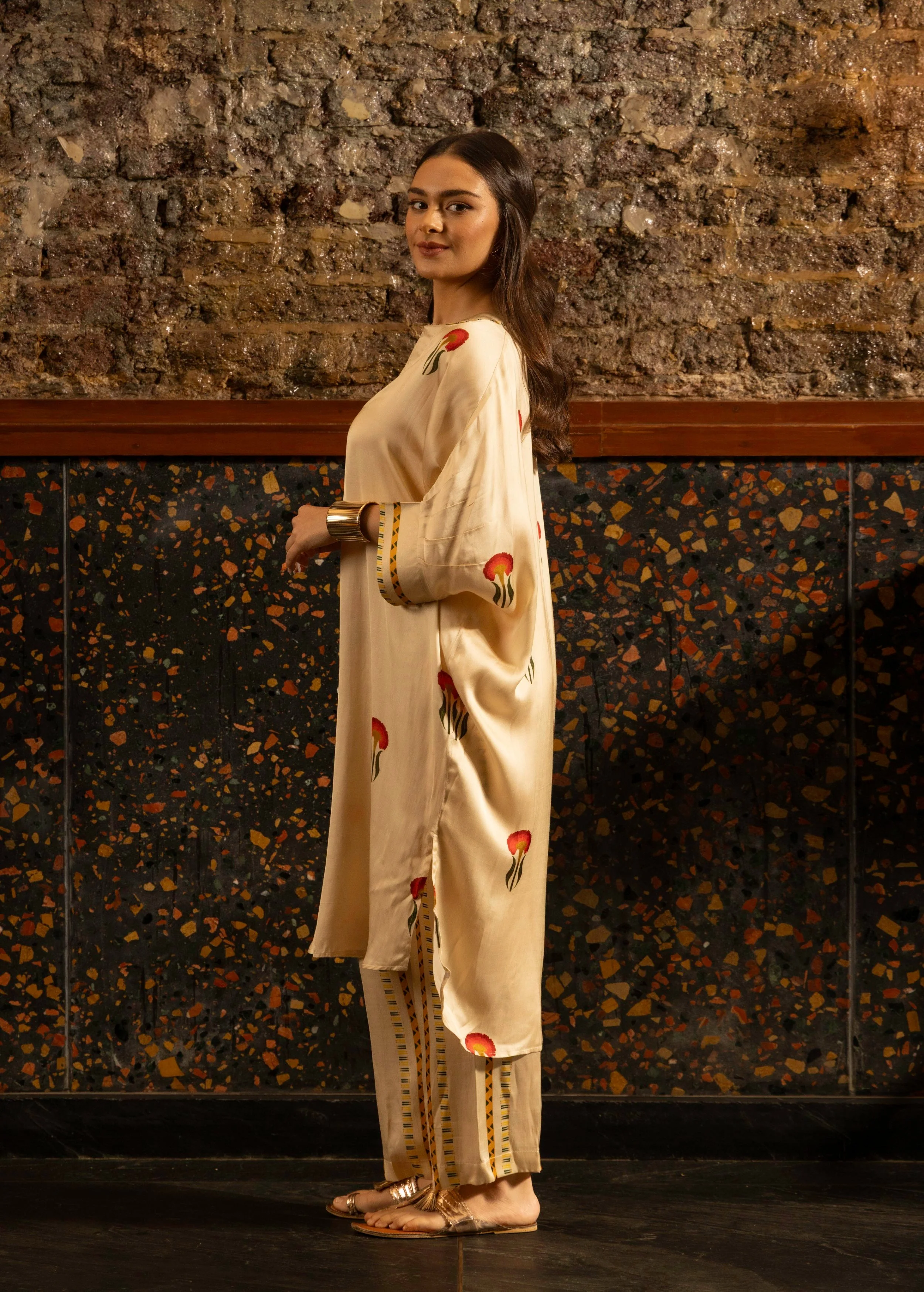 Ivory Botnical Printed Satin Silk Kurta Set - Image 3