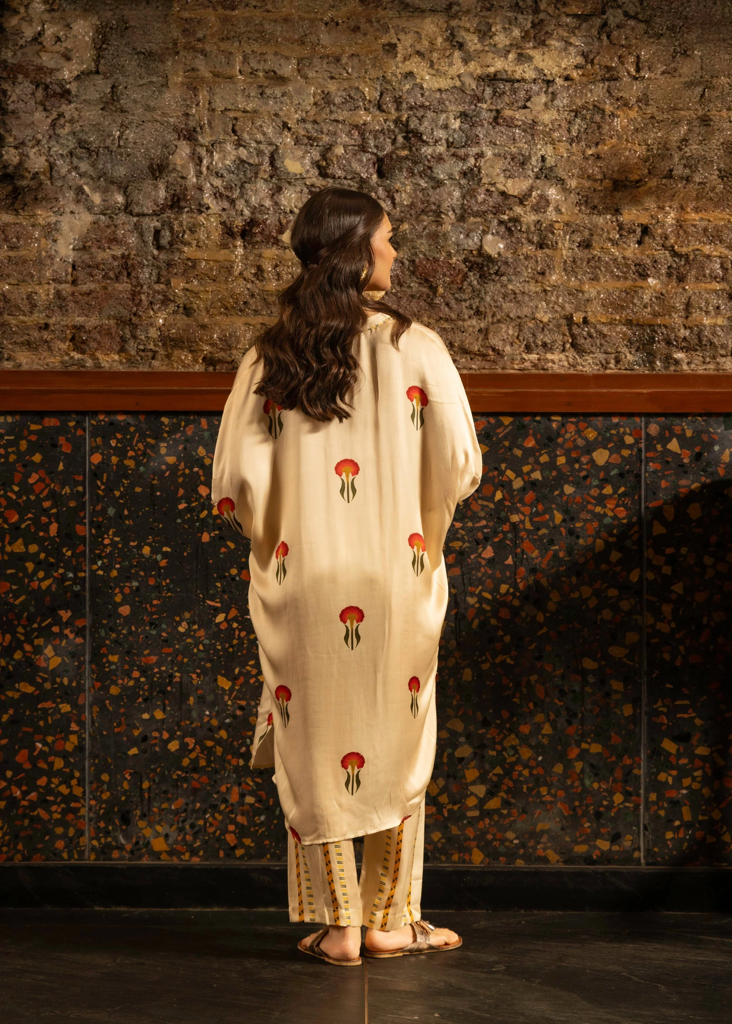 Ivory Botnical Printed Satin Silk Kurta Set - Image 4