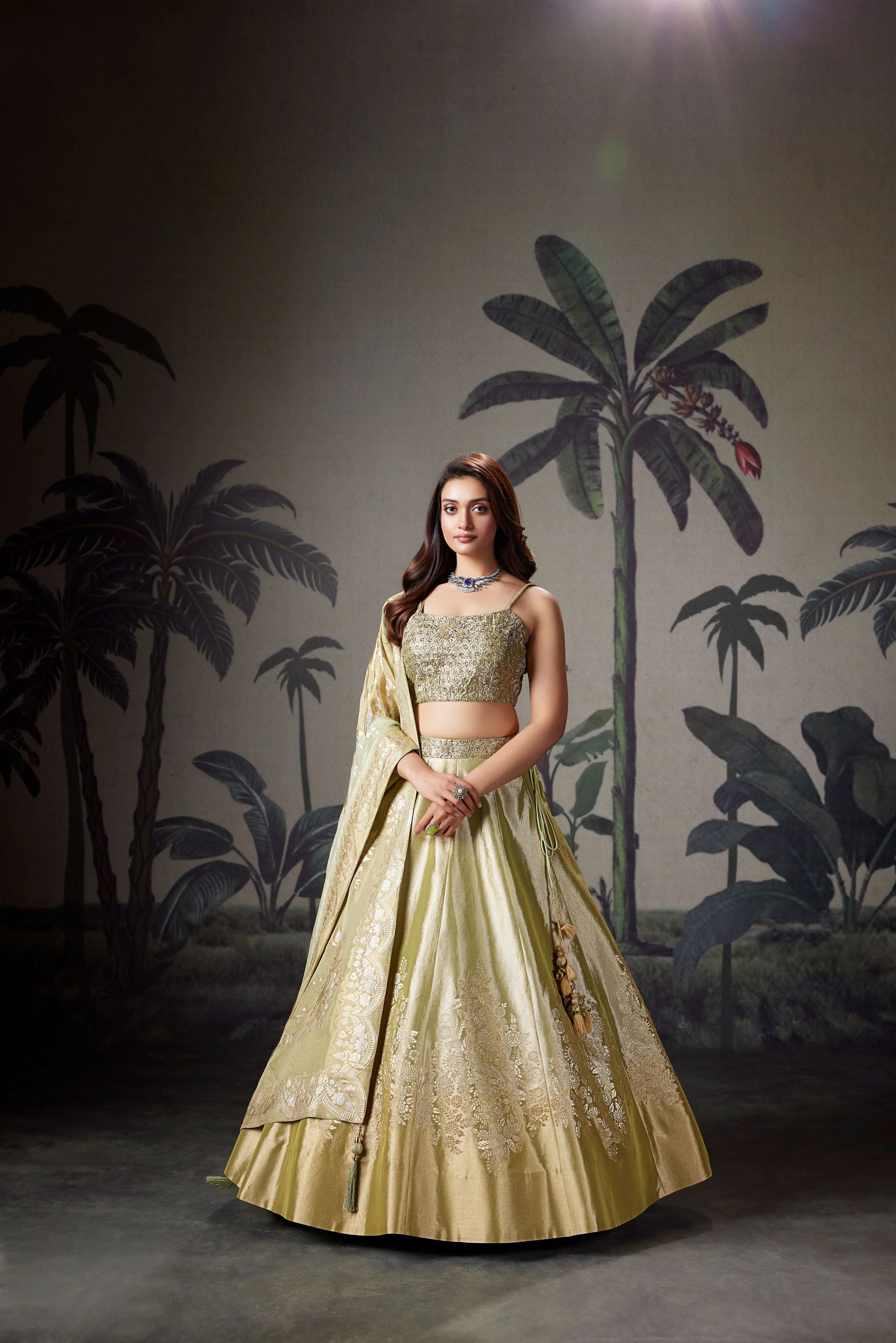 Pistachio Green Embellished Shimmer Tissue Silk Lehenga Set
