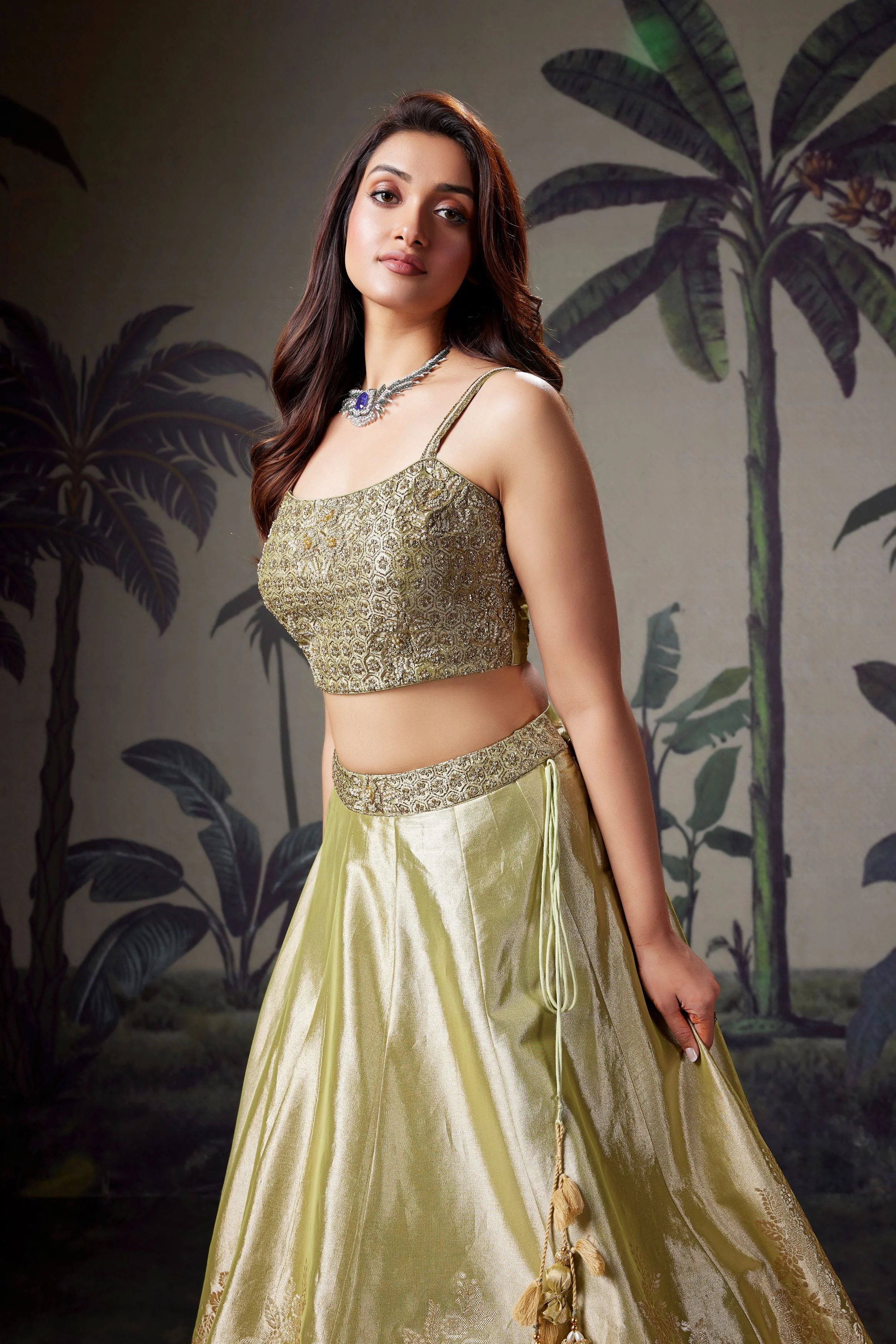 Pistachio Green Embellished Shimmer Tissue Silk Lehenga Set - Image 2