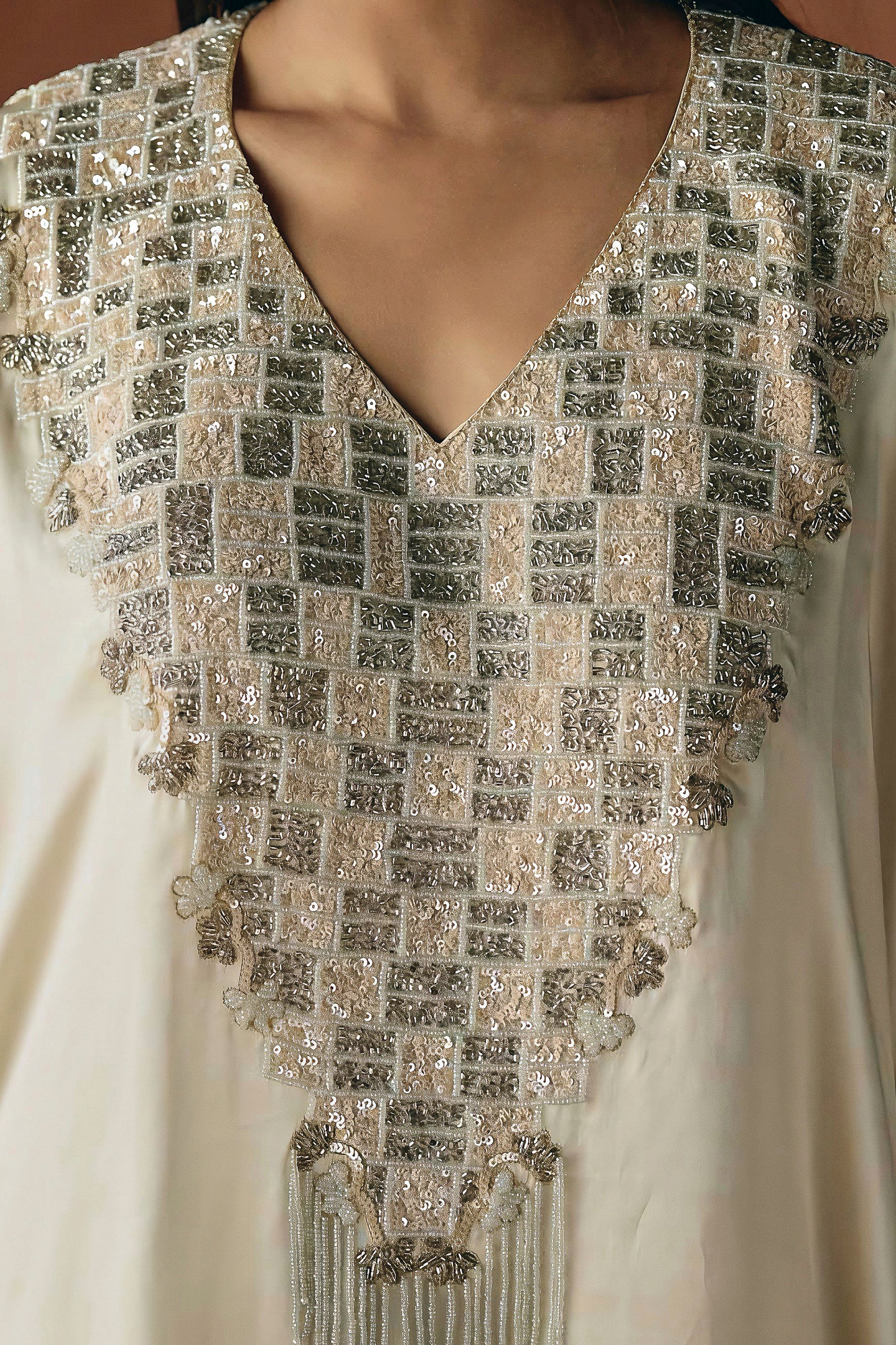 Ivory Cream Embellished Satin Silk Kaftan Set - Image 2