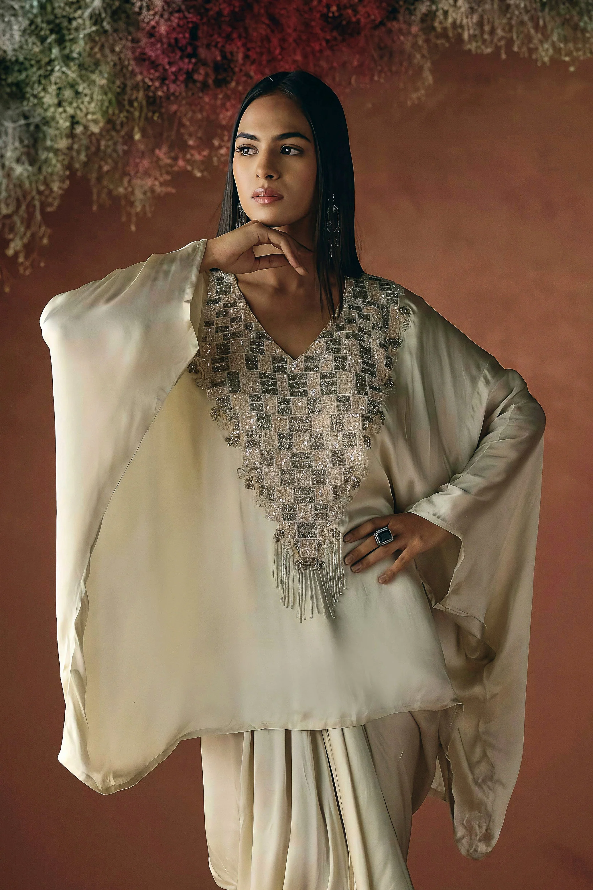 Ivory Cream Embellished Satin Silk Kaftan Set - Image 3