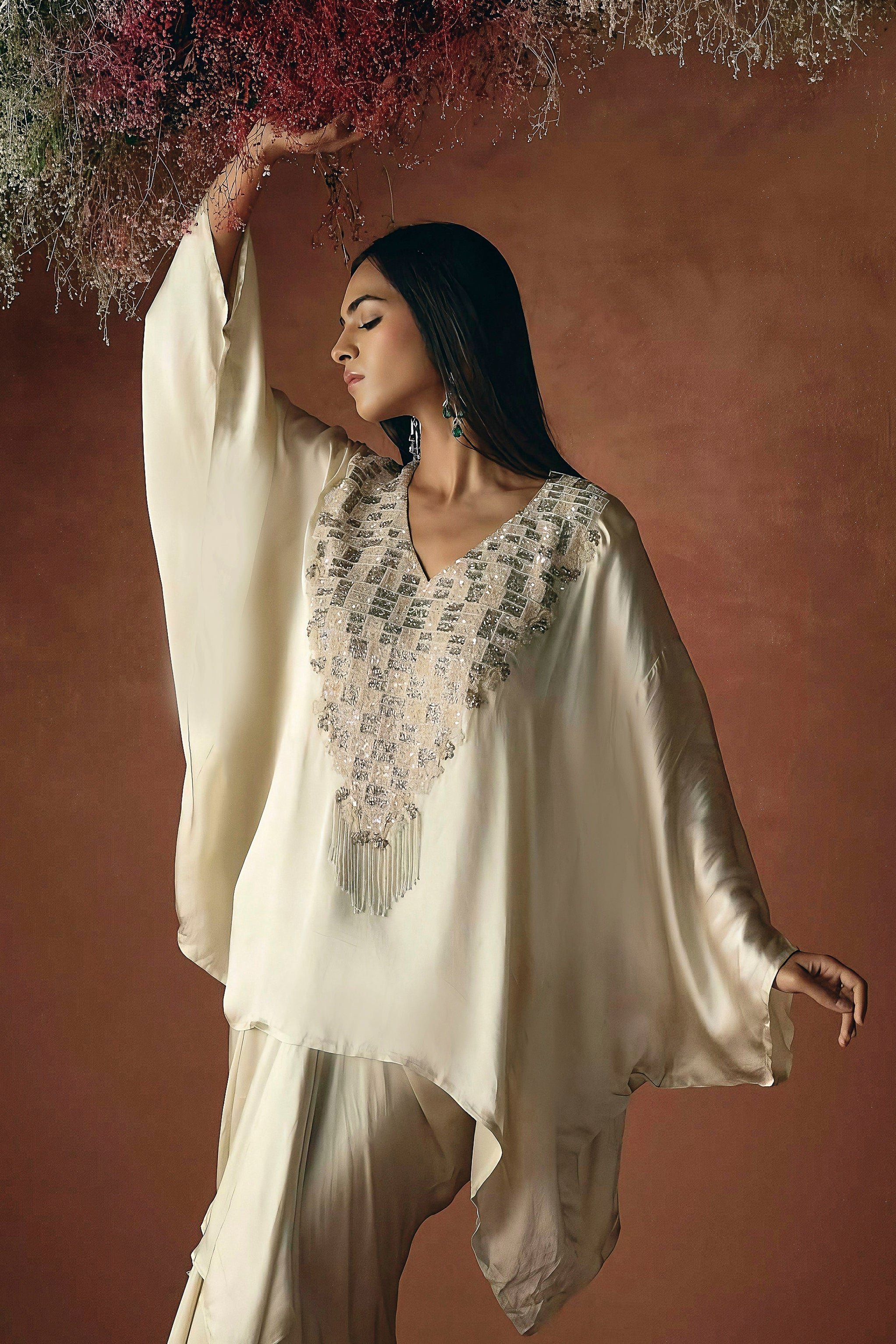 Ivory Cream Embellished Satin Silk Kaftan Set - Image 4