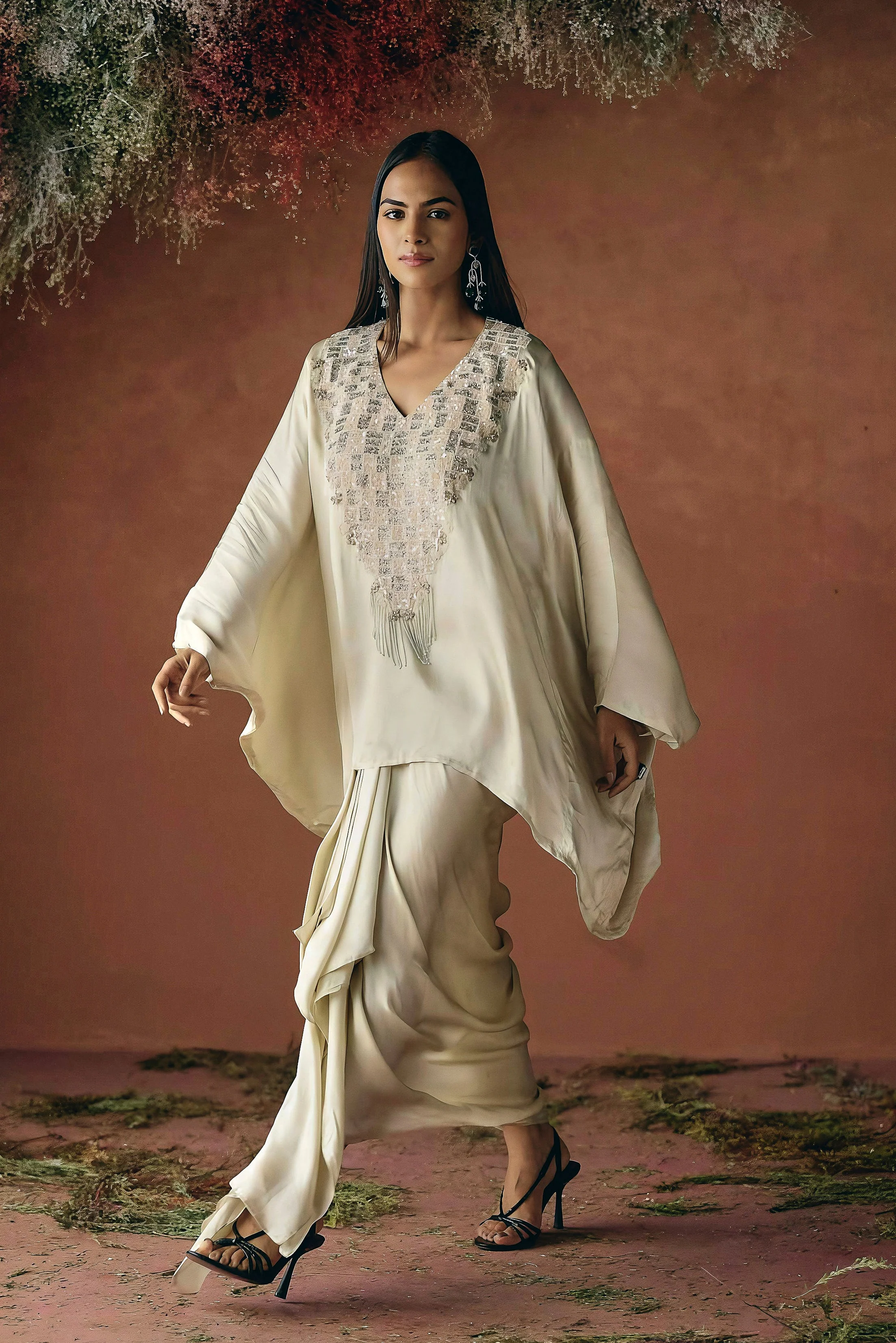 Ivory Cream Embellished Satin Silk Kaftan Set - Image 5