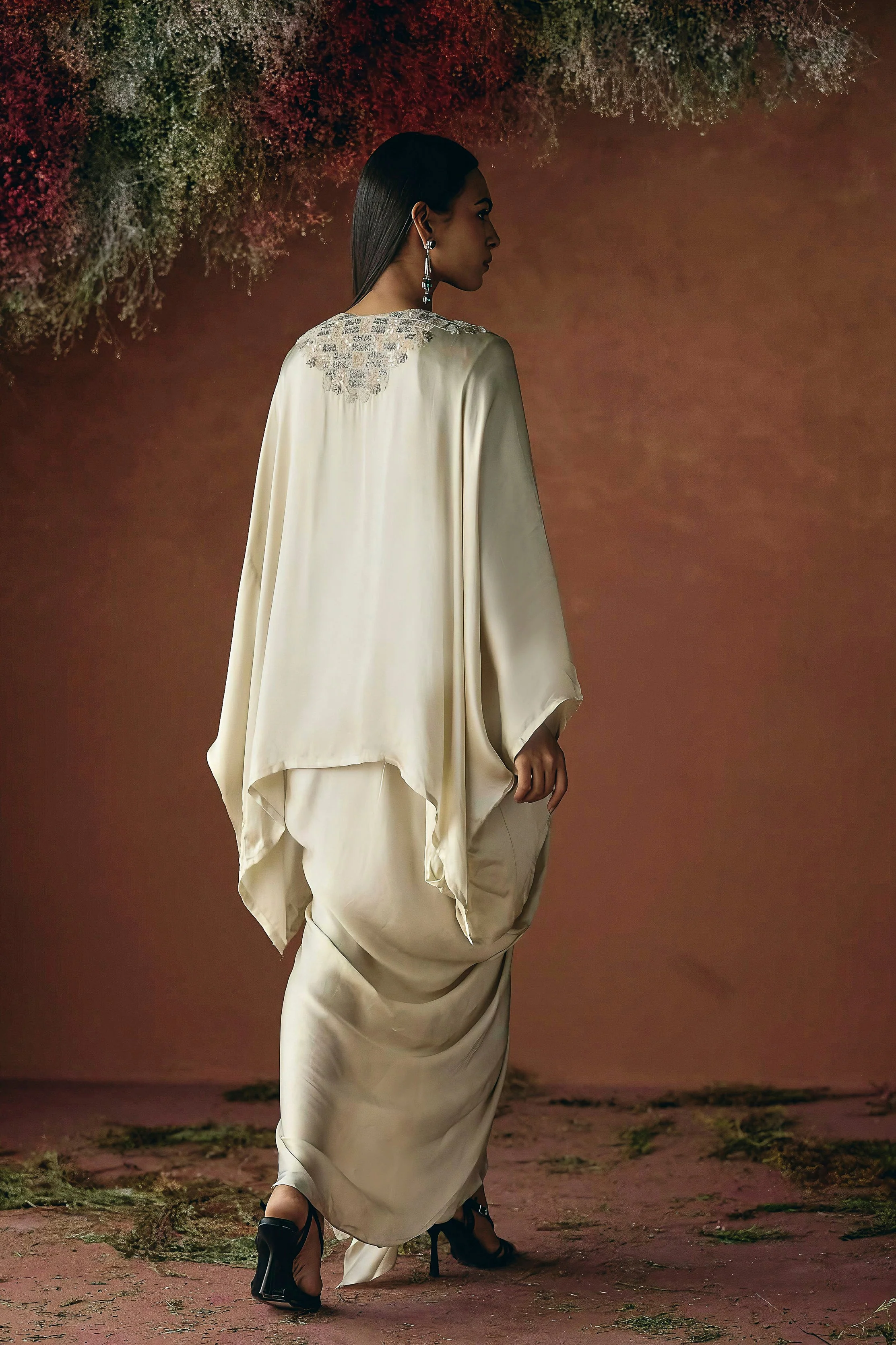 Ivory Cream Embellished Satin Silk Kaftan Set - Image 6
