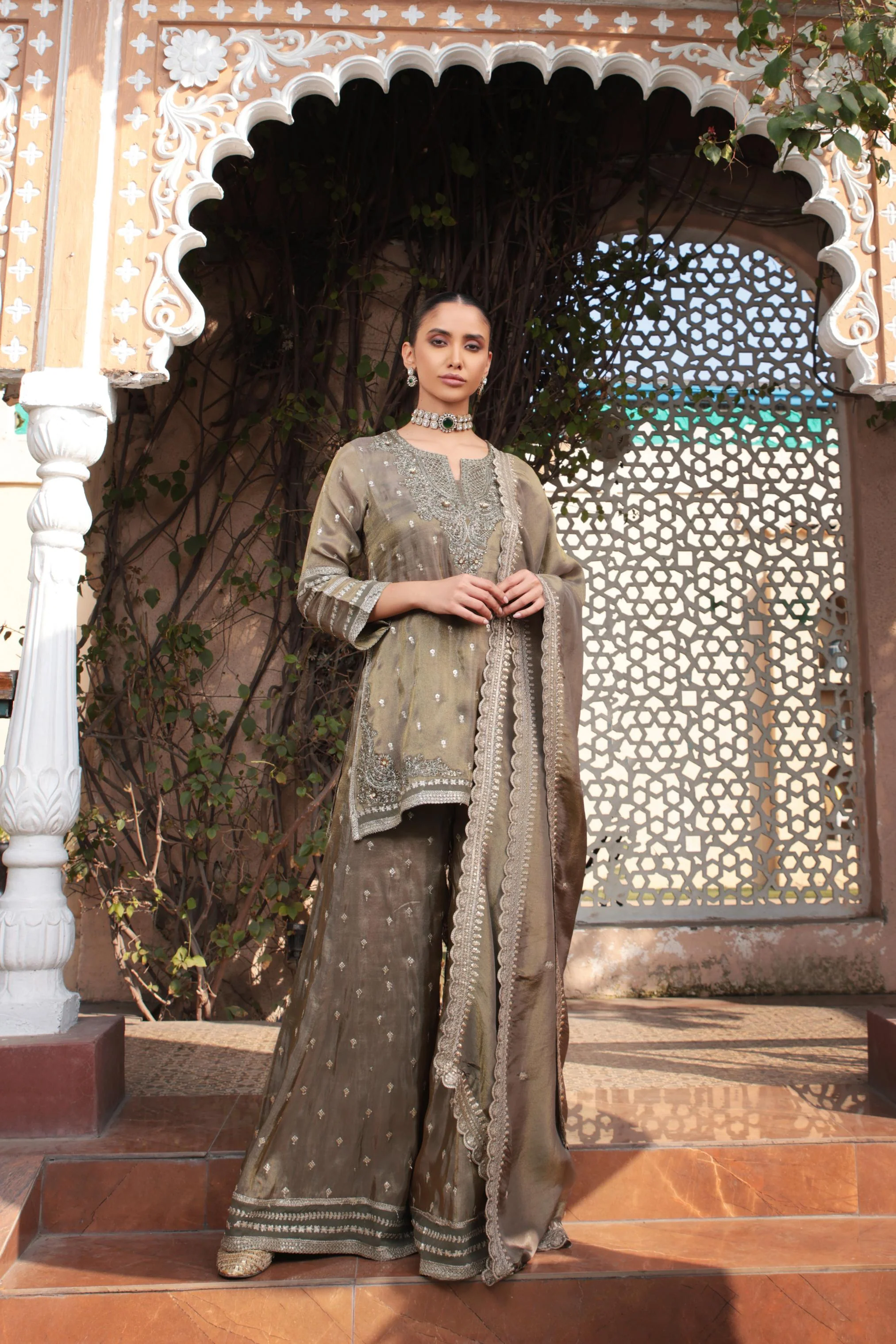 Haute Bronze Embellished Tissue Silk Palazzo Set - Image 3